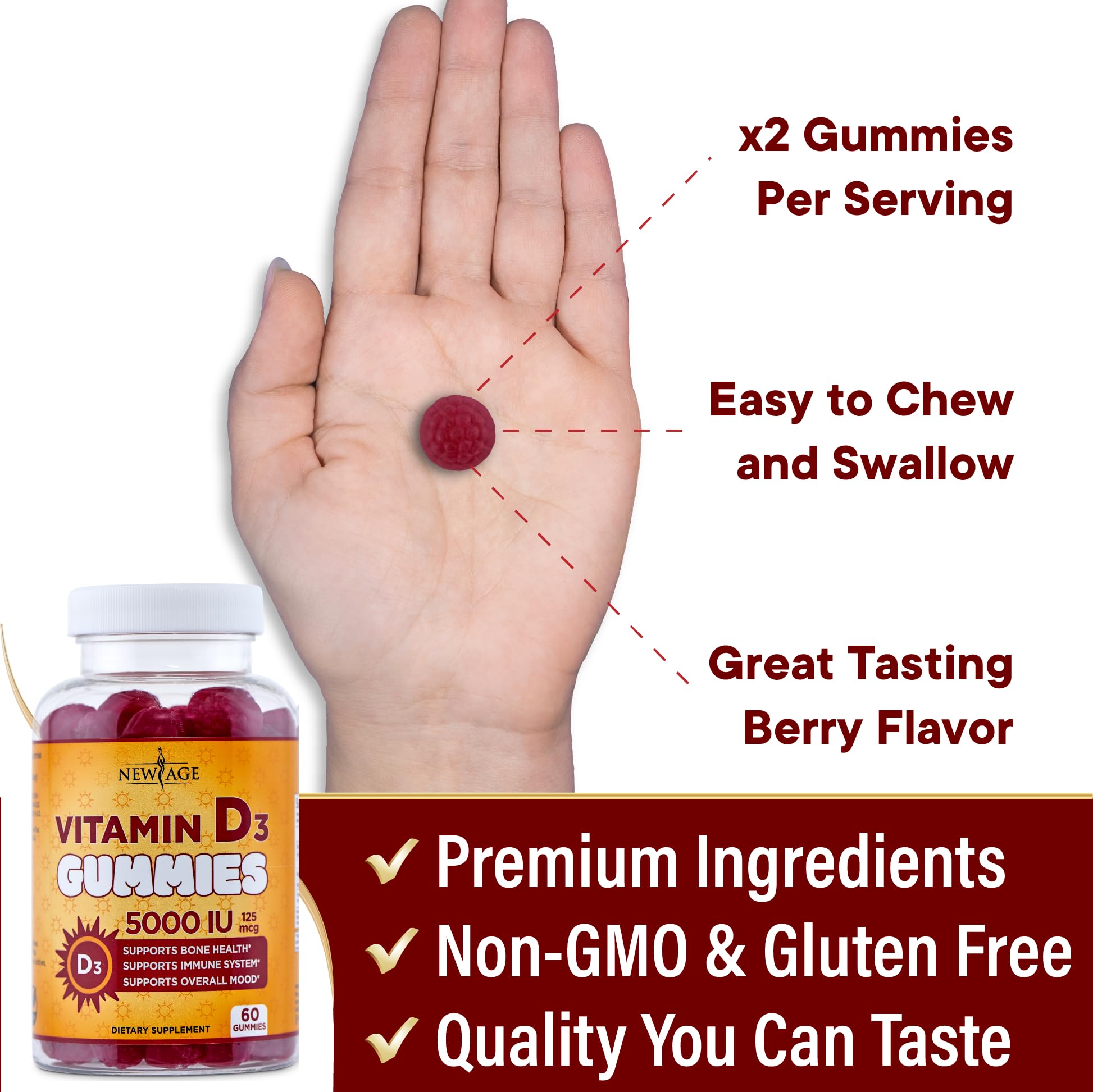 NEW AGE Gommes Vitamin D3 5000 UI – sans gluten, sans lactose