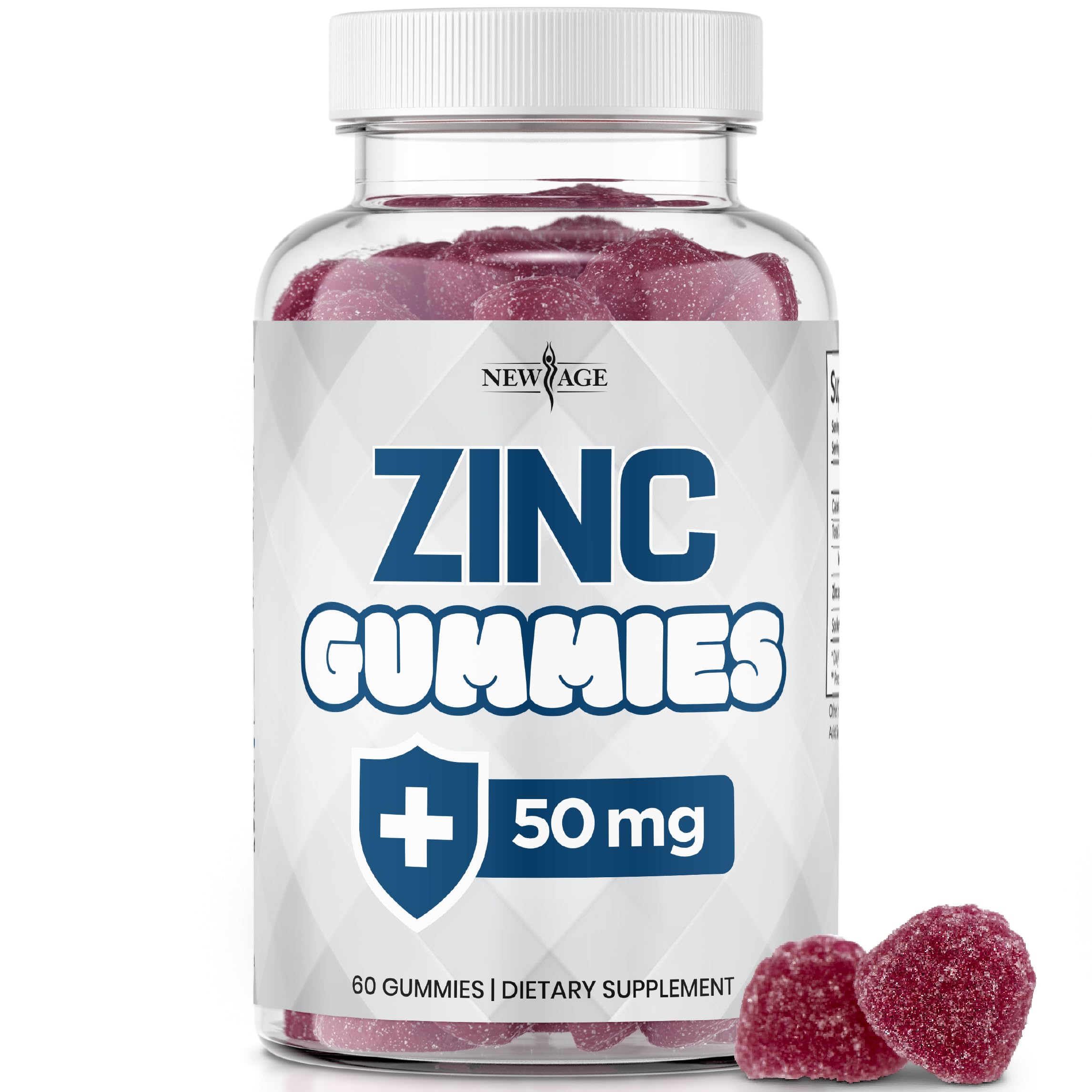 NEW AGE Zinc Gummies en bouteille, 60 gommes, soutien immunitaire potentiel.