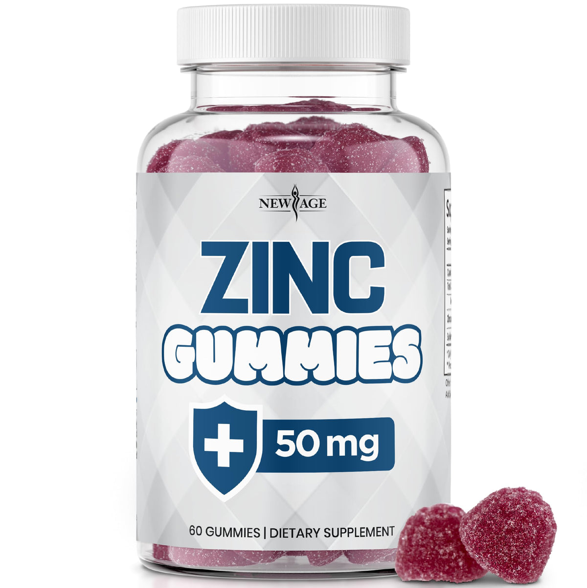 NEW AGE Zinc Gummies en bouteille, 60 gommes, soutien immunitaire potentiel.