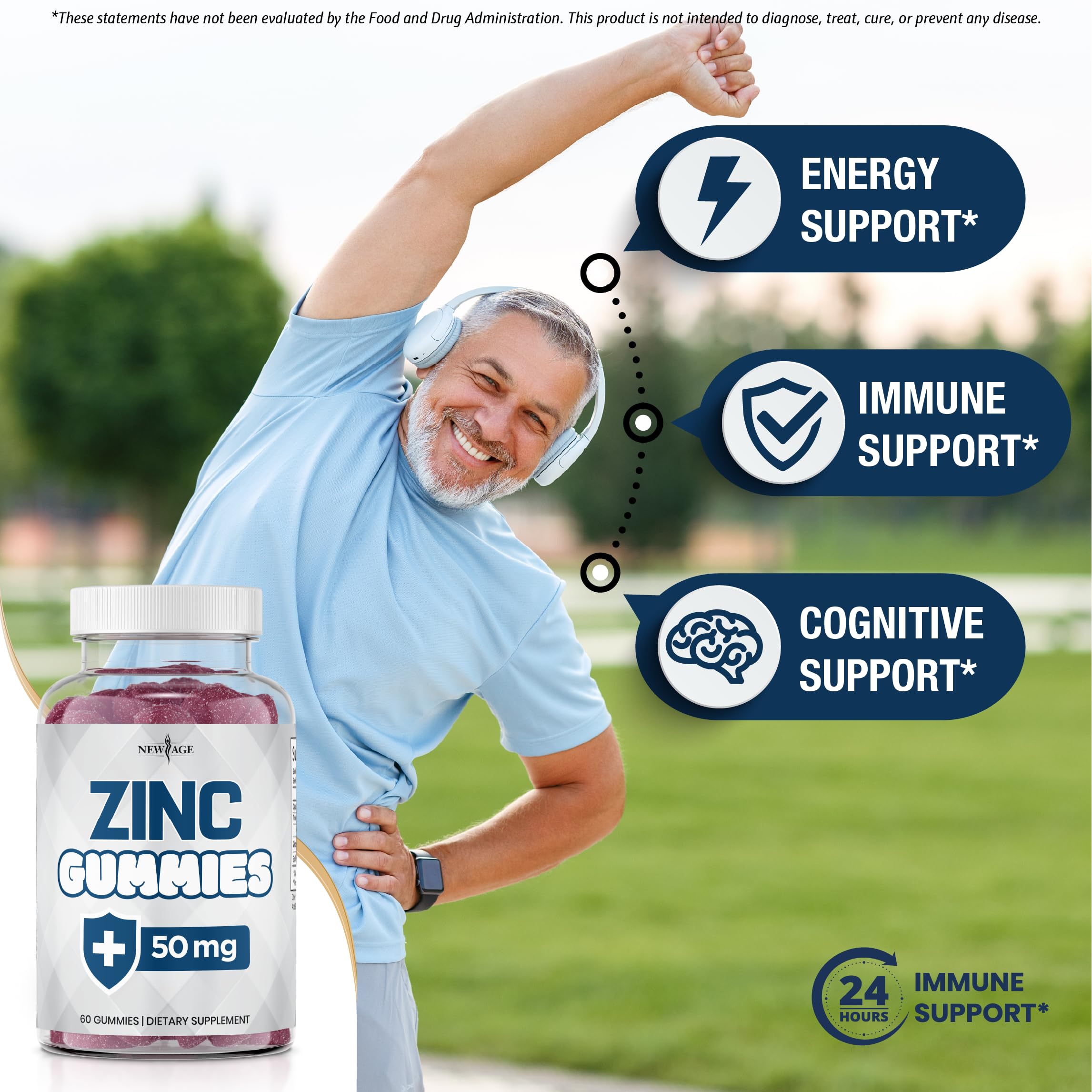 NEW AGE Zinc Gummies dose 50 mg, format quotidien pratique.