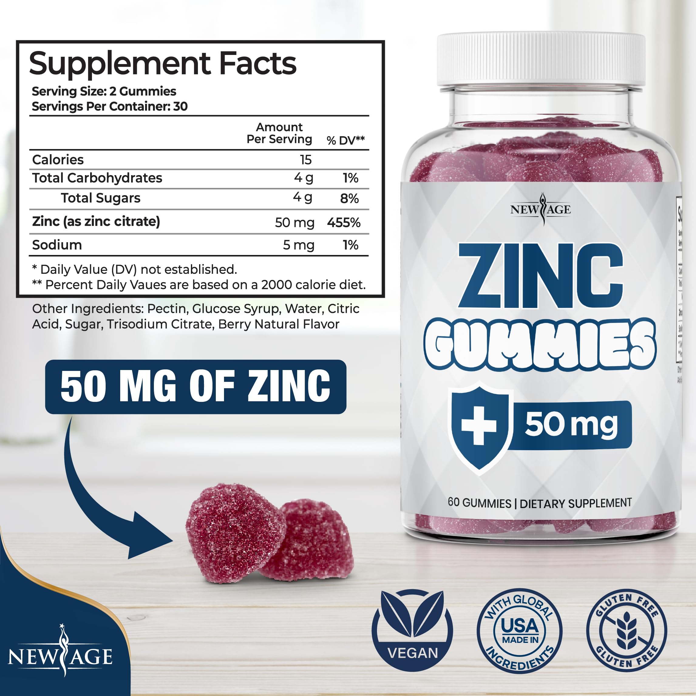 NEW AGE Zinc Gummies avec étiquette Non-OGM et transparence sur les ingrédients.