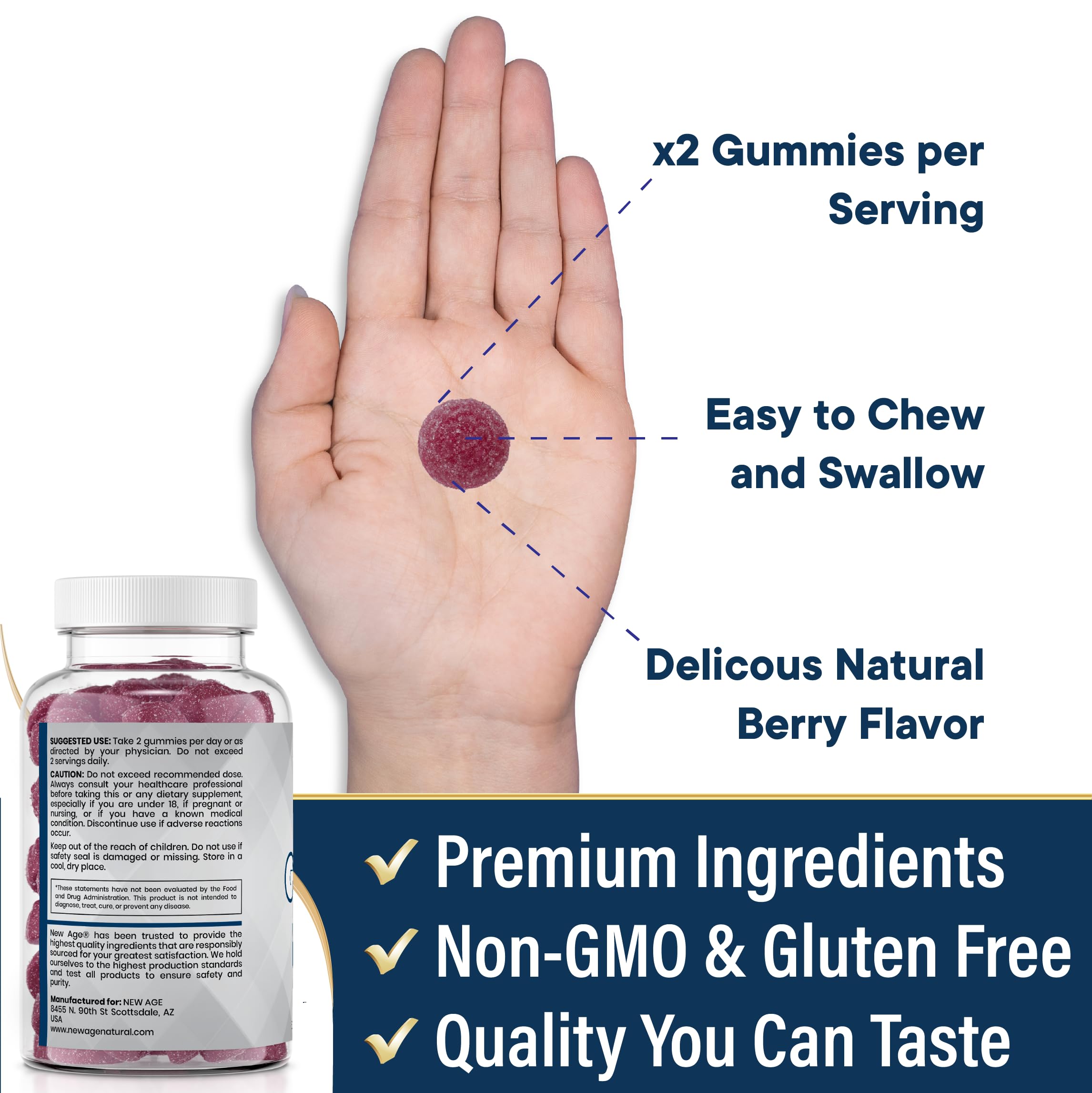 NEW AGE Zinc Gummies sans gluten, convient aux régimes sensibles.