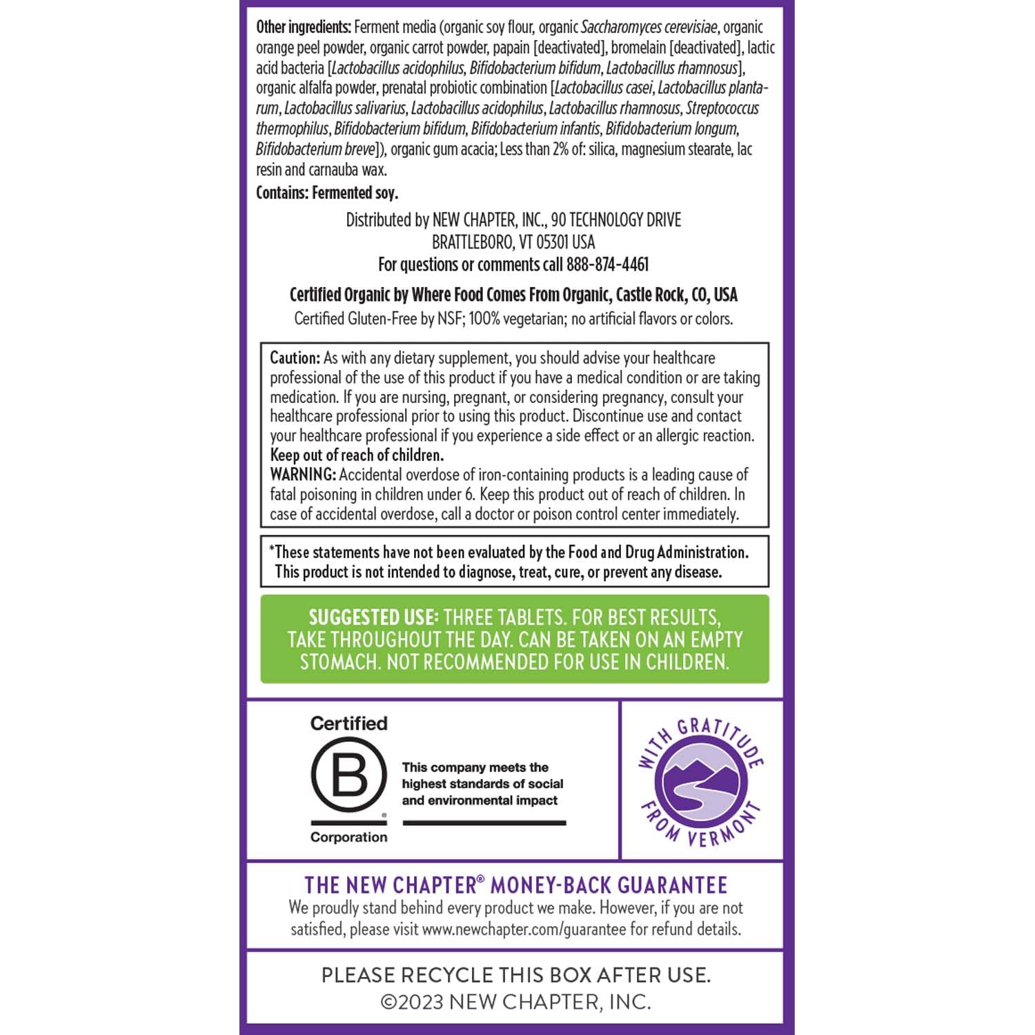 New Chapter Advanced Prenatal : emballage végétarien et certifié sans gluten.