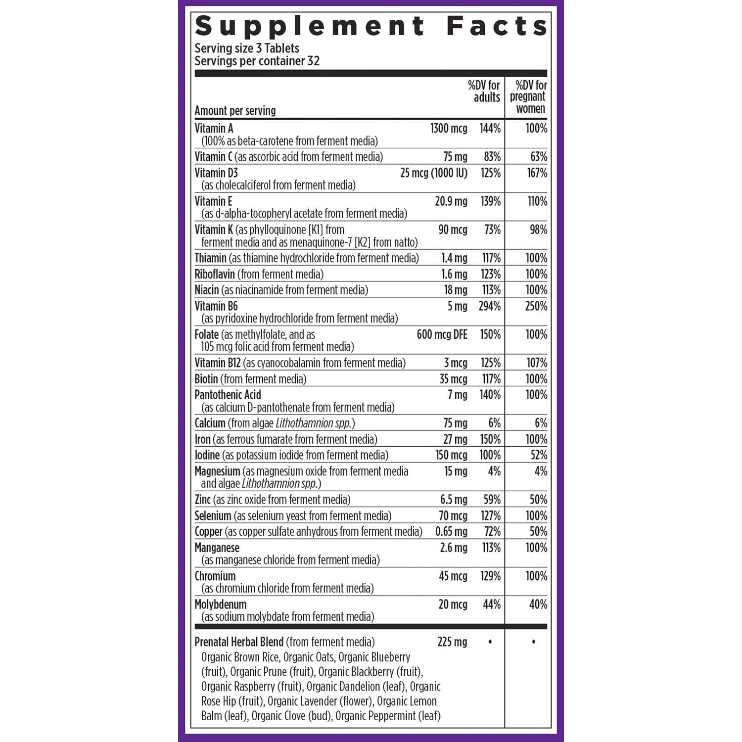 New Chapter Advanced Prenatal : liste d'ingrédients organiques, certifiés Non-OGM pour sécurité.