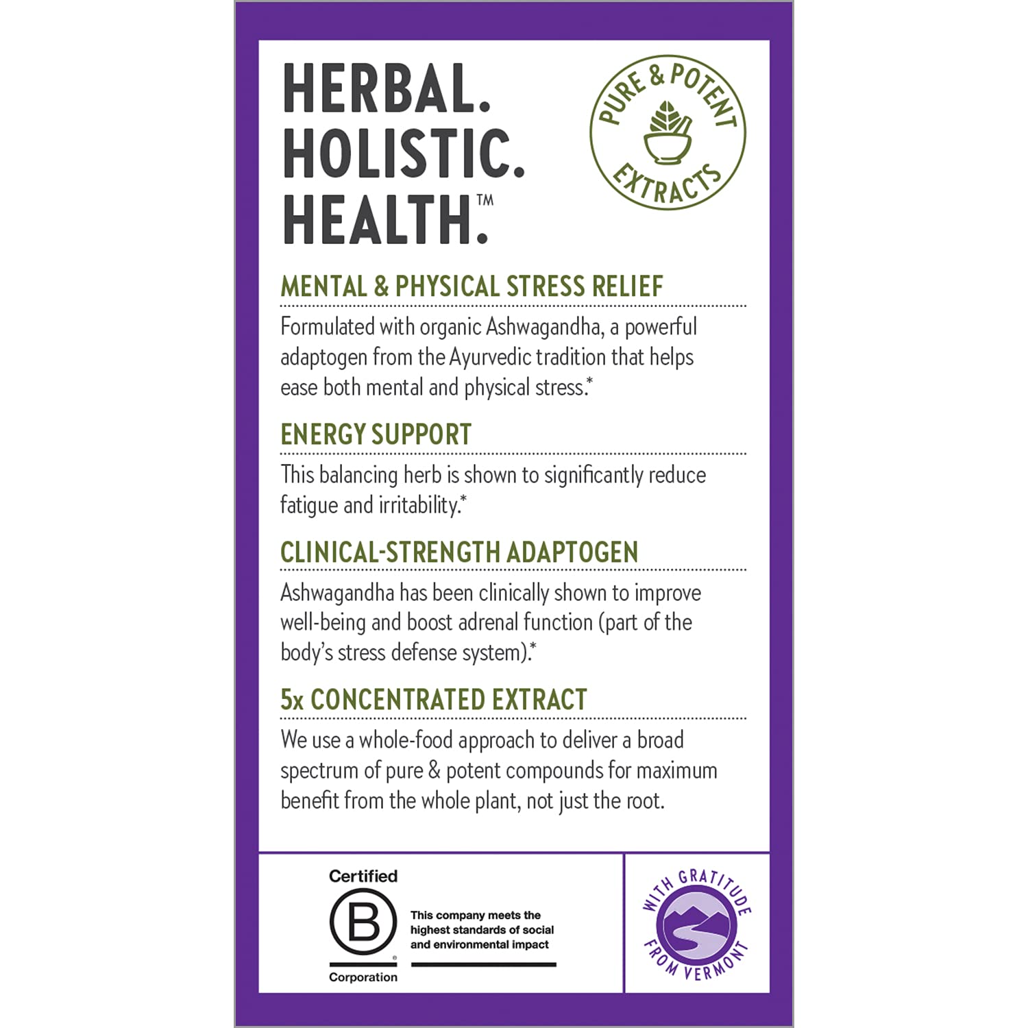 New Chapter Ashwagandha Force produit vegan certifié sans OGM.