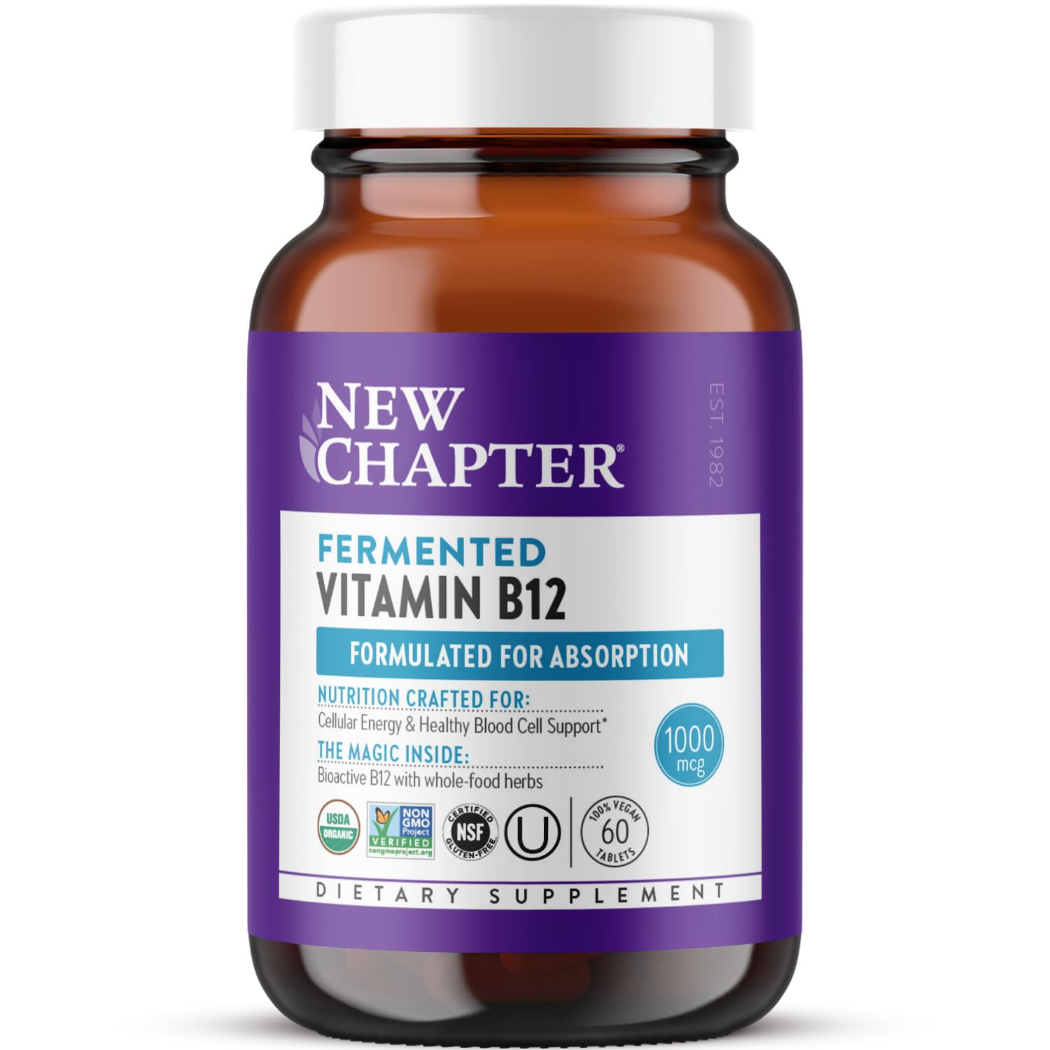 New Chapter B12 fermentée, comprimé 1000 mcg, boîte visible pour énergie au quotidien.