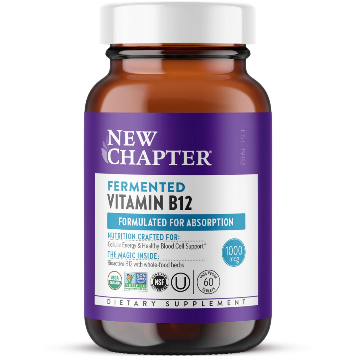New Chapter B12 fermentée, comprimé 1000 mcg, boîte visible pour énergie au quotidien.