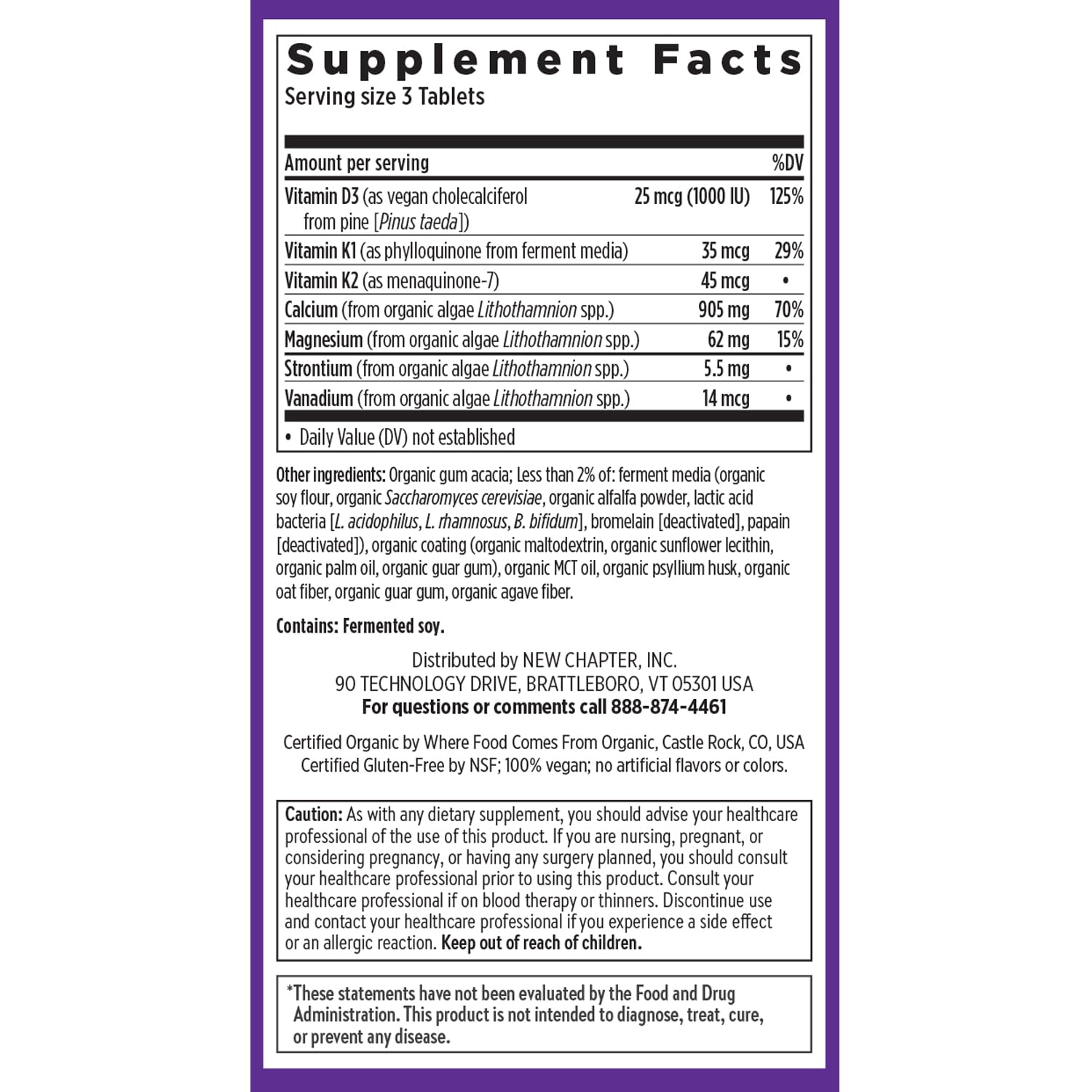 New Chapter Calcium: certifications kosher et sans gluten NSF.