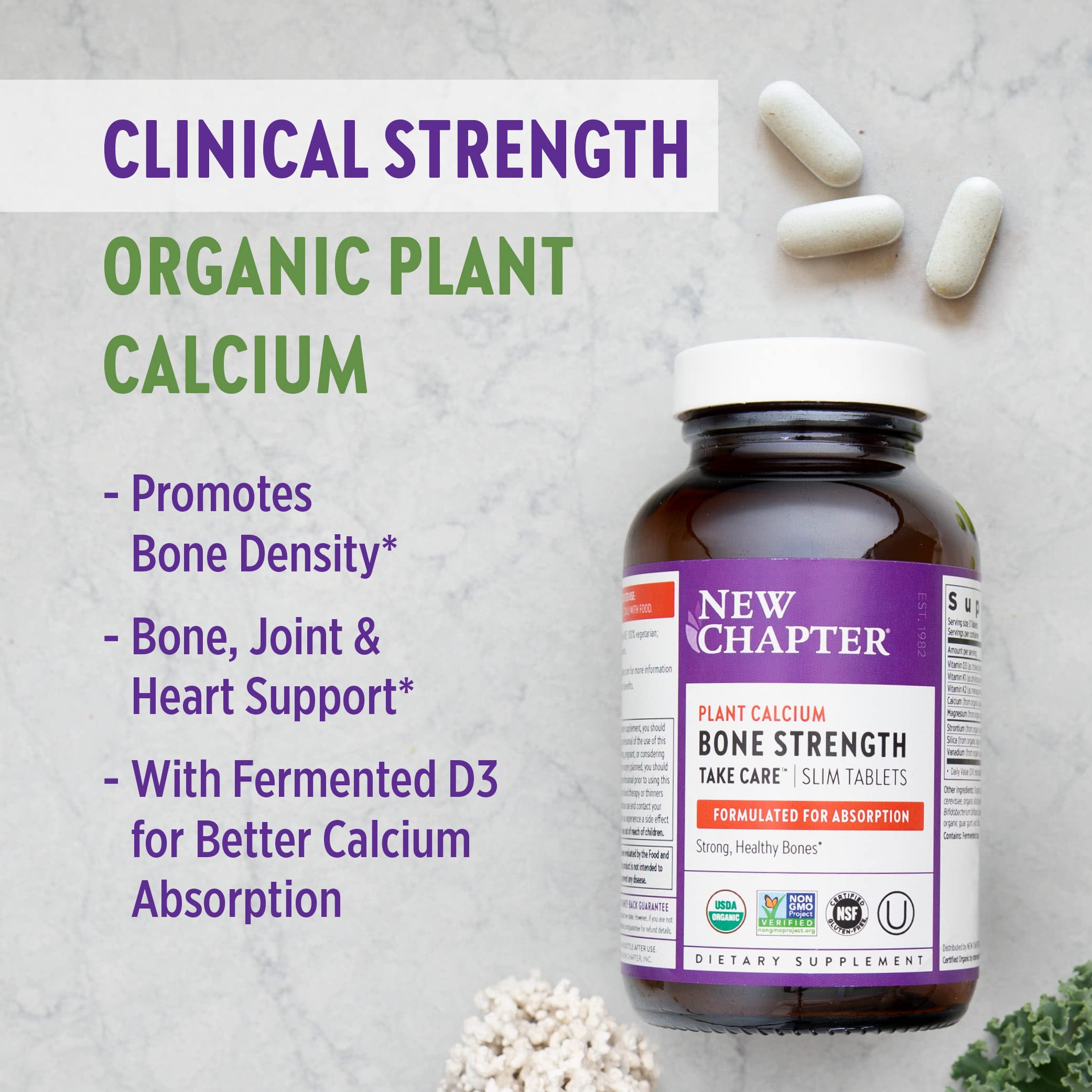New Chapter Calcium – logos USDA Organic visibles sur l'emballage.