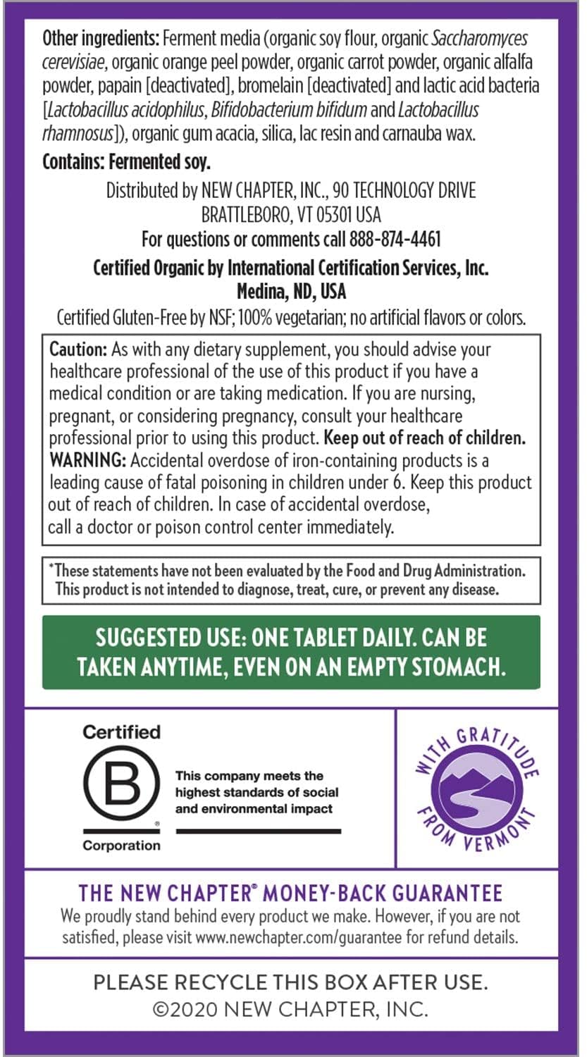 New Chapter certifications bio et sans OGM, sans gluten et kasher.