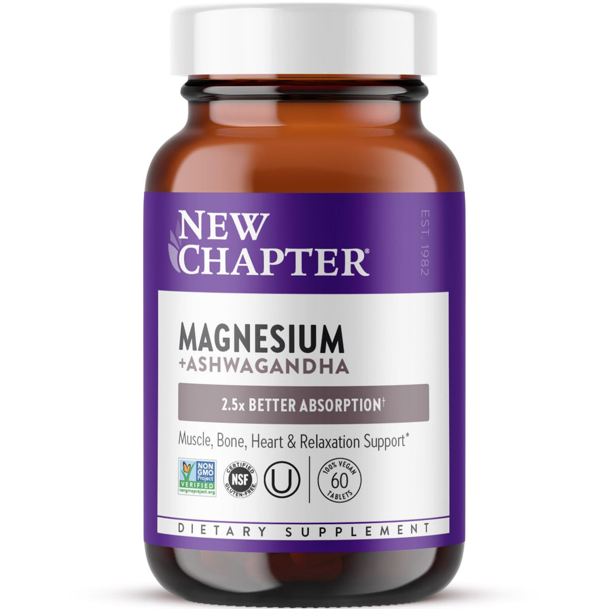 New Chapter Magnésium Ashwagandha: bouteille montrant l’étiquette et relaxation musculaire