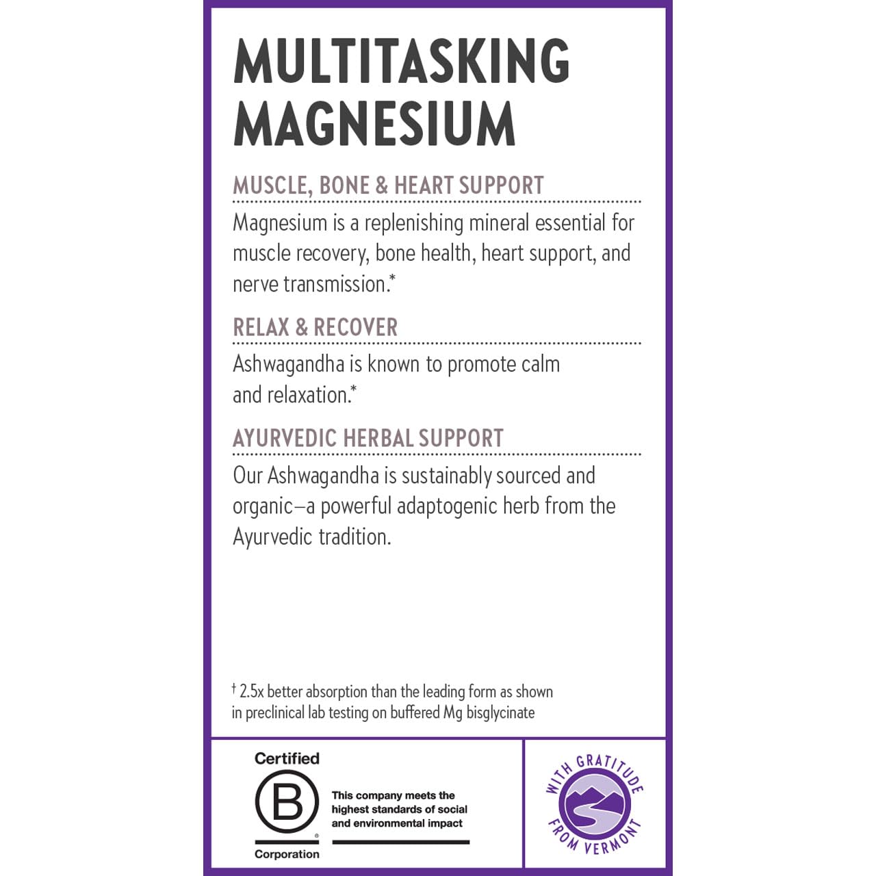 New Chapter magnésium-ashwagandha info-label — fiche produit claire et informative.
