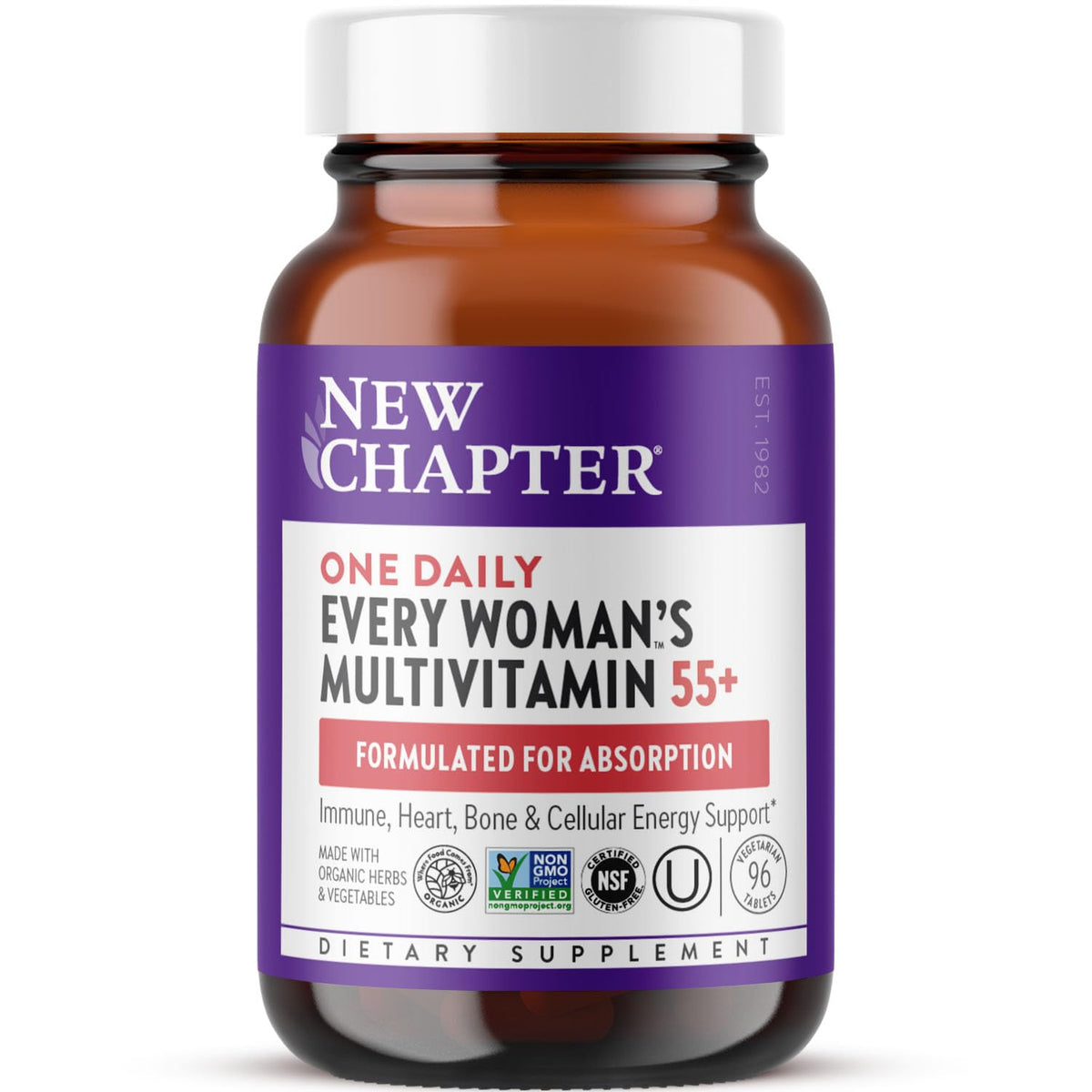 New Chapter multivitamine femmes 55+ en bouteille, énergie durable et soutien immunitaire.