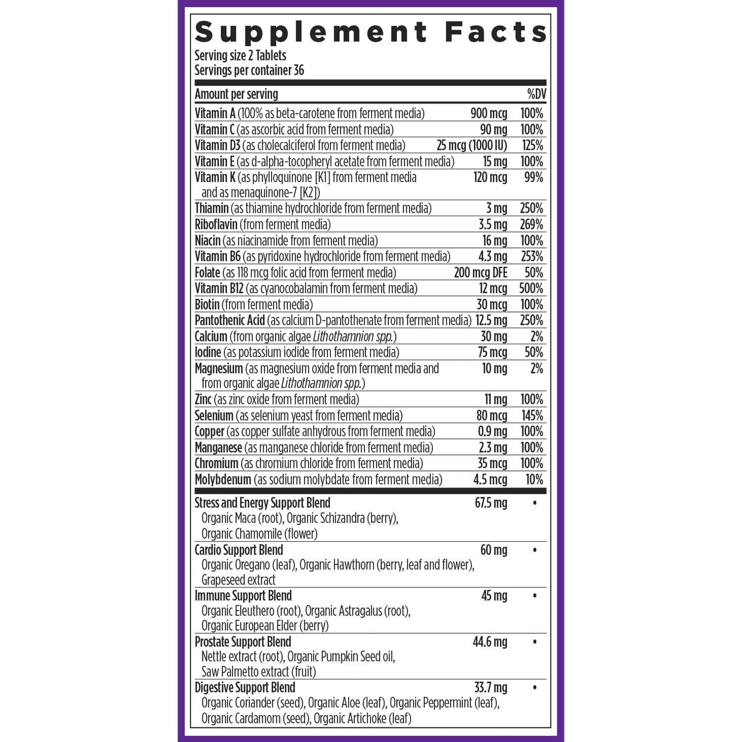 New Chapter Multivitamine Homme Avancé – tableau nutritionnel informatif sur l’emballage.
