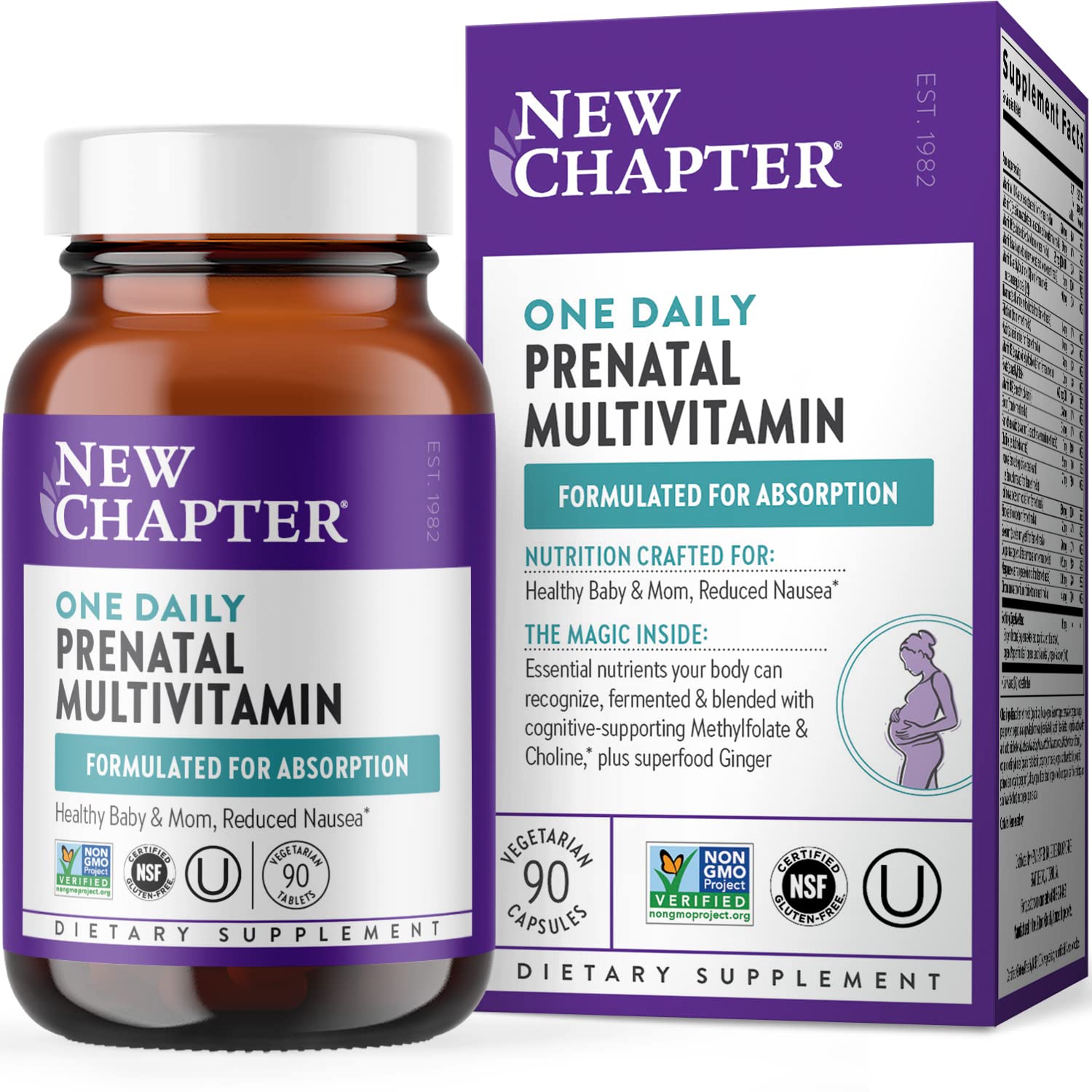 New Chapter Prenatal – bouteille quotidienne montrant une prise facile et pratique pendant grossesse.