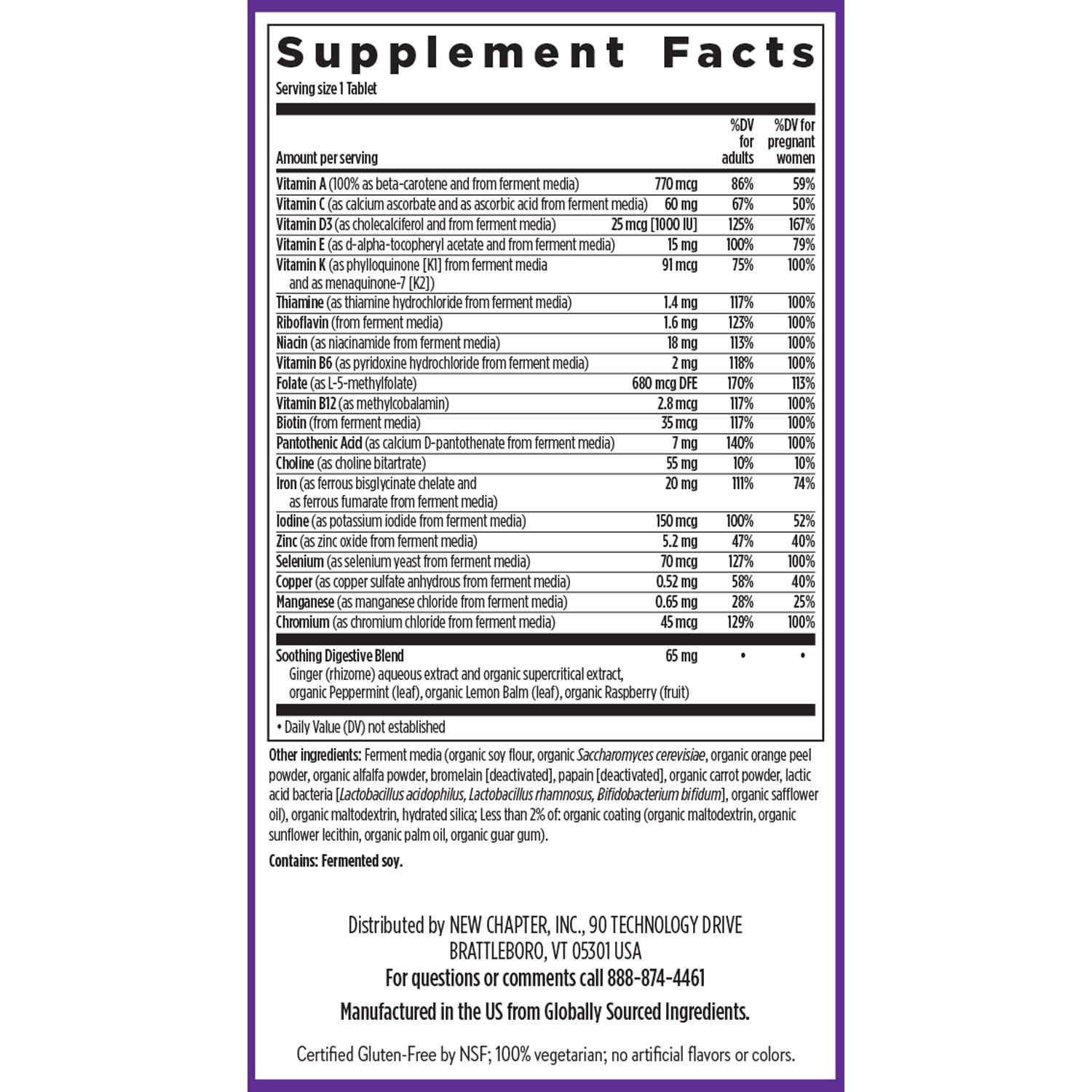 New Chapter Prenatal – formule végétarienne sans ogm et sans gluten pour une sélection consciente.