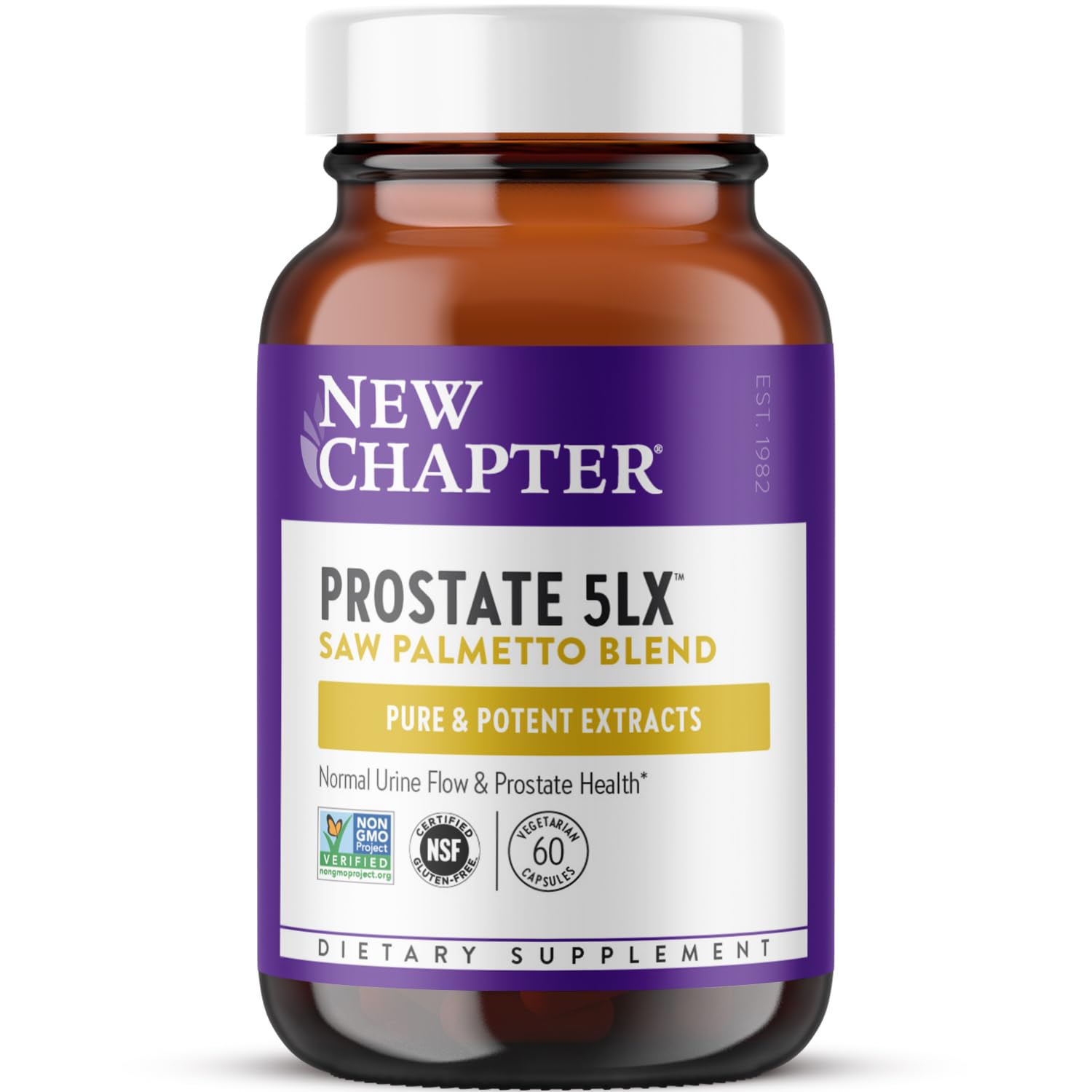New Chapter Prostate 5LX — bouteille du produit, soutien potentiel du flux urinaire quotidien.
