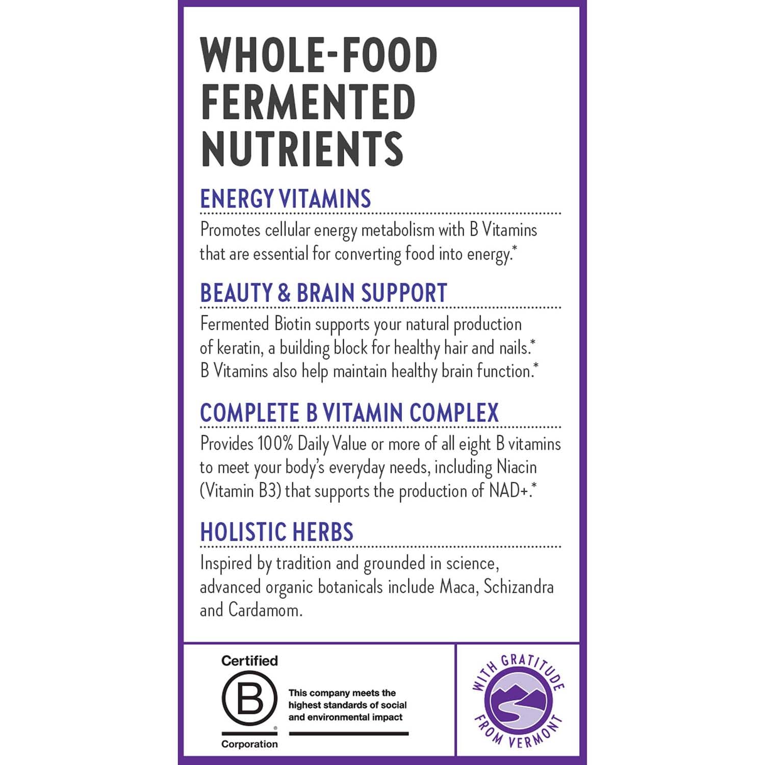 New Chapter vitamine B fermentée – étiquette biologique et sans gluten, certification