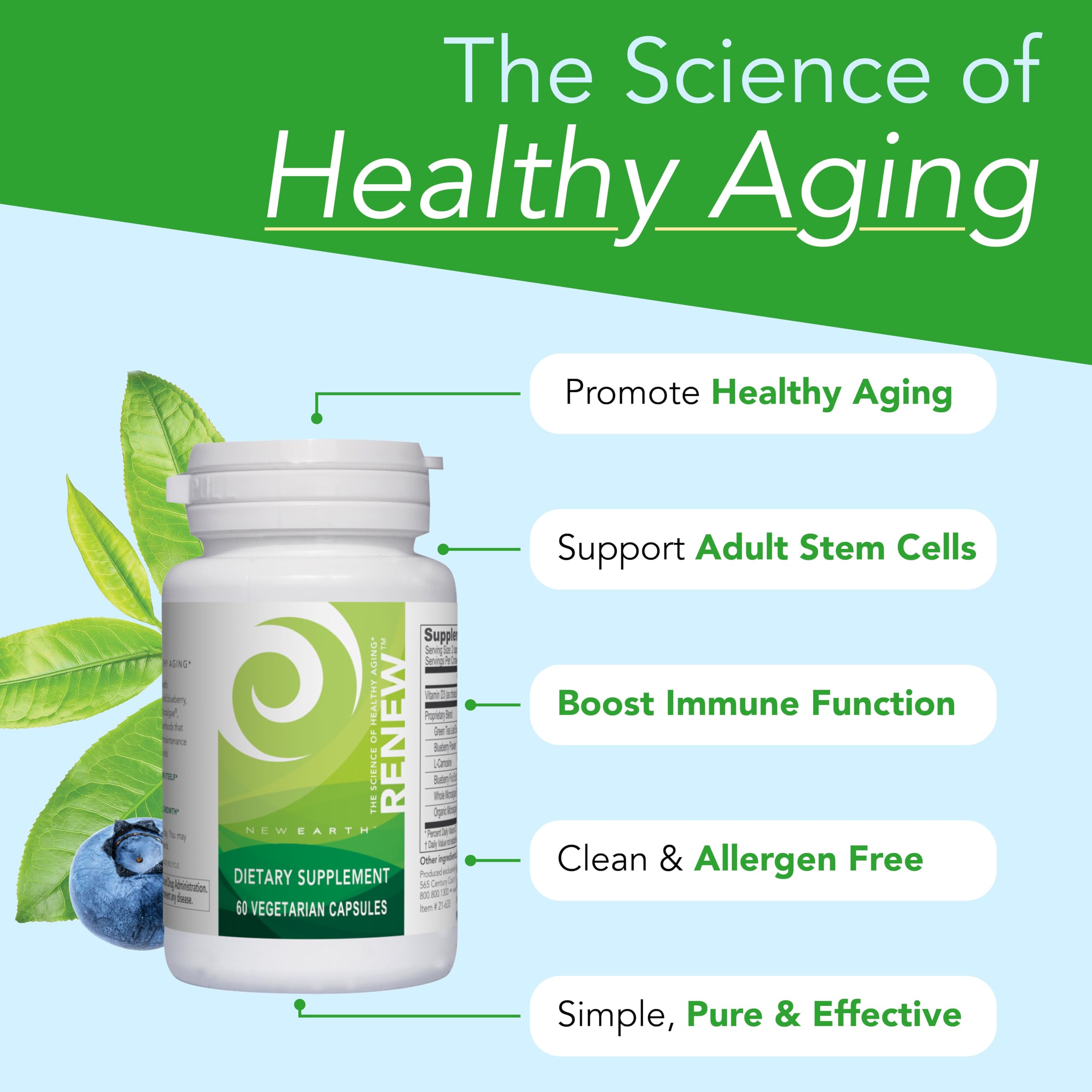 New Earth Renew: bouteille-capsules-60 permettant un soutien potentiel à la vitalité.