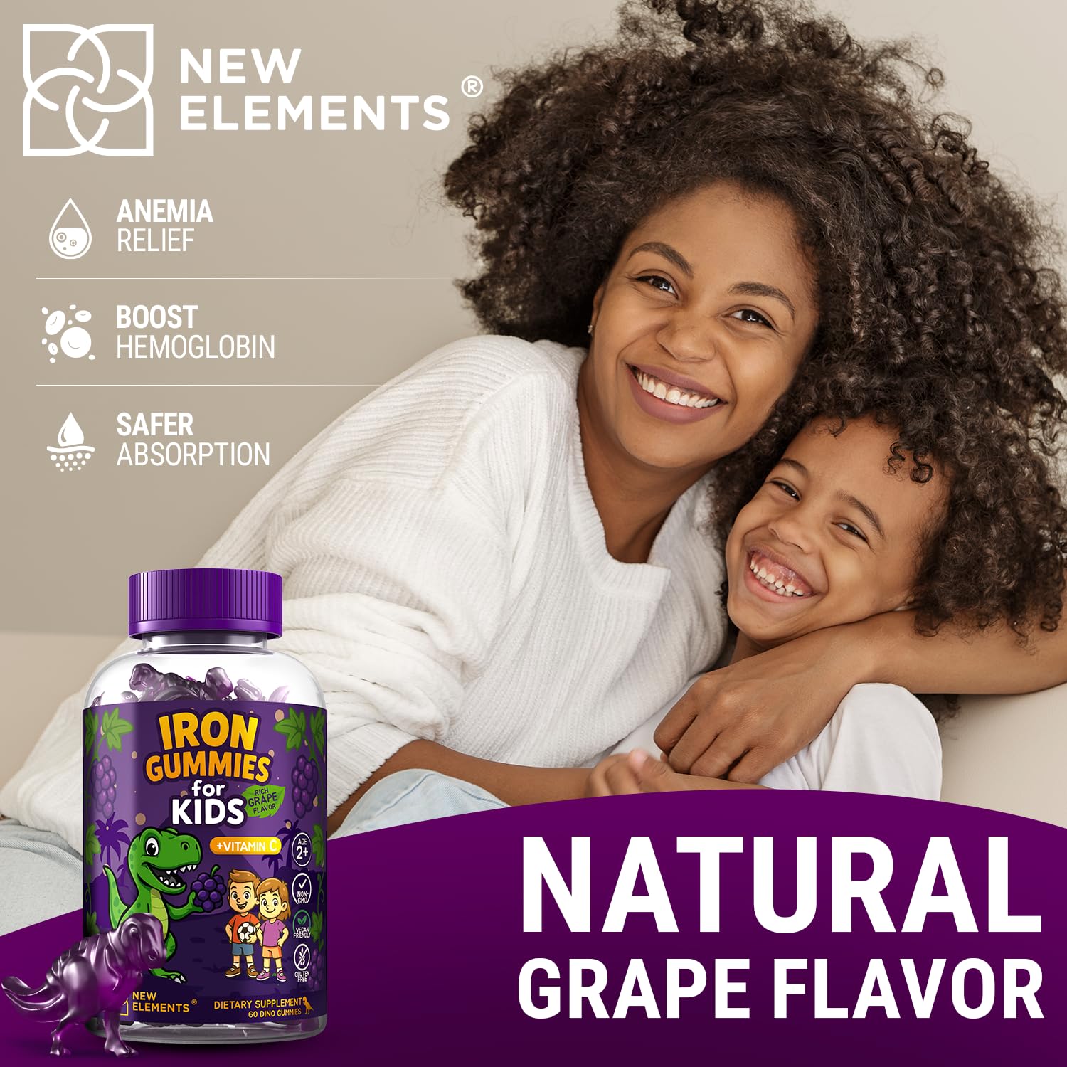 New Elements Dinosaure Fer Gummies sans gluten, option sûre.