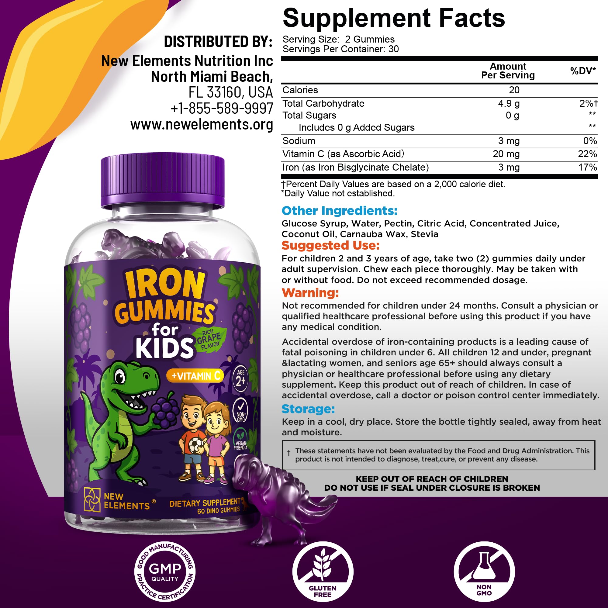 New Elements Dinosaure Fer Gummies avec vitamine C, soutien quotidien.
