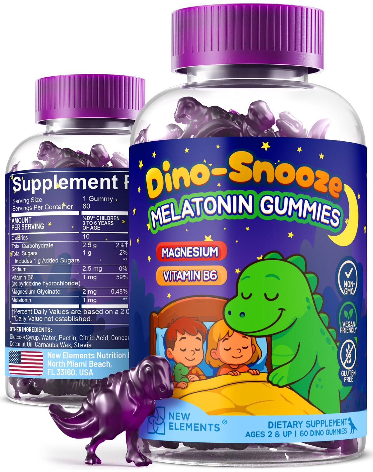 New Elements Mélatonine Enfants - bouteille, bonbons dinosaures favorisant un sommeil apaisé.