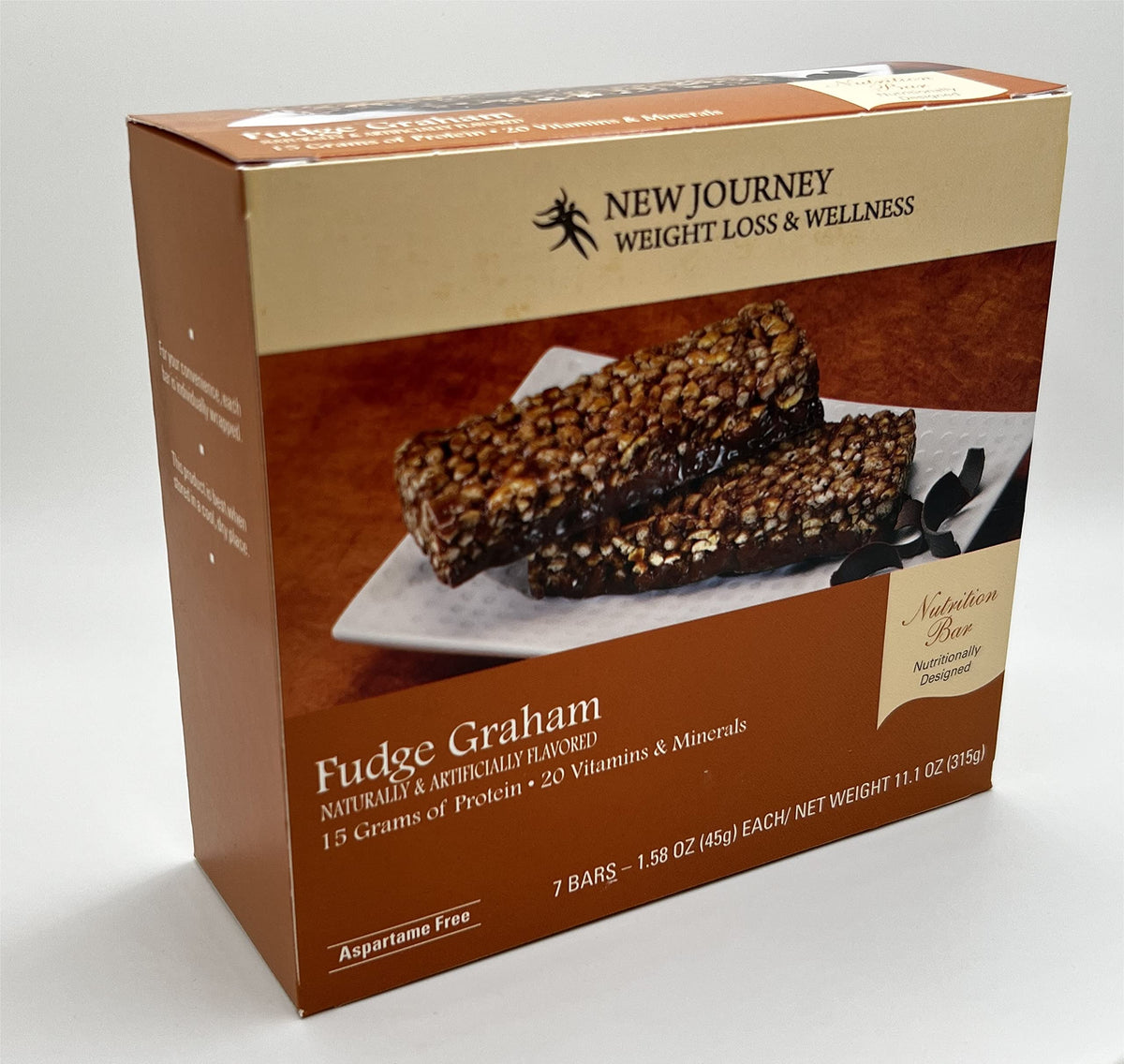 New Journey Fudge Graham Bar – emballage attrayant et collation protéinée.