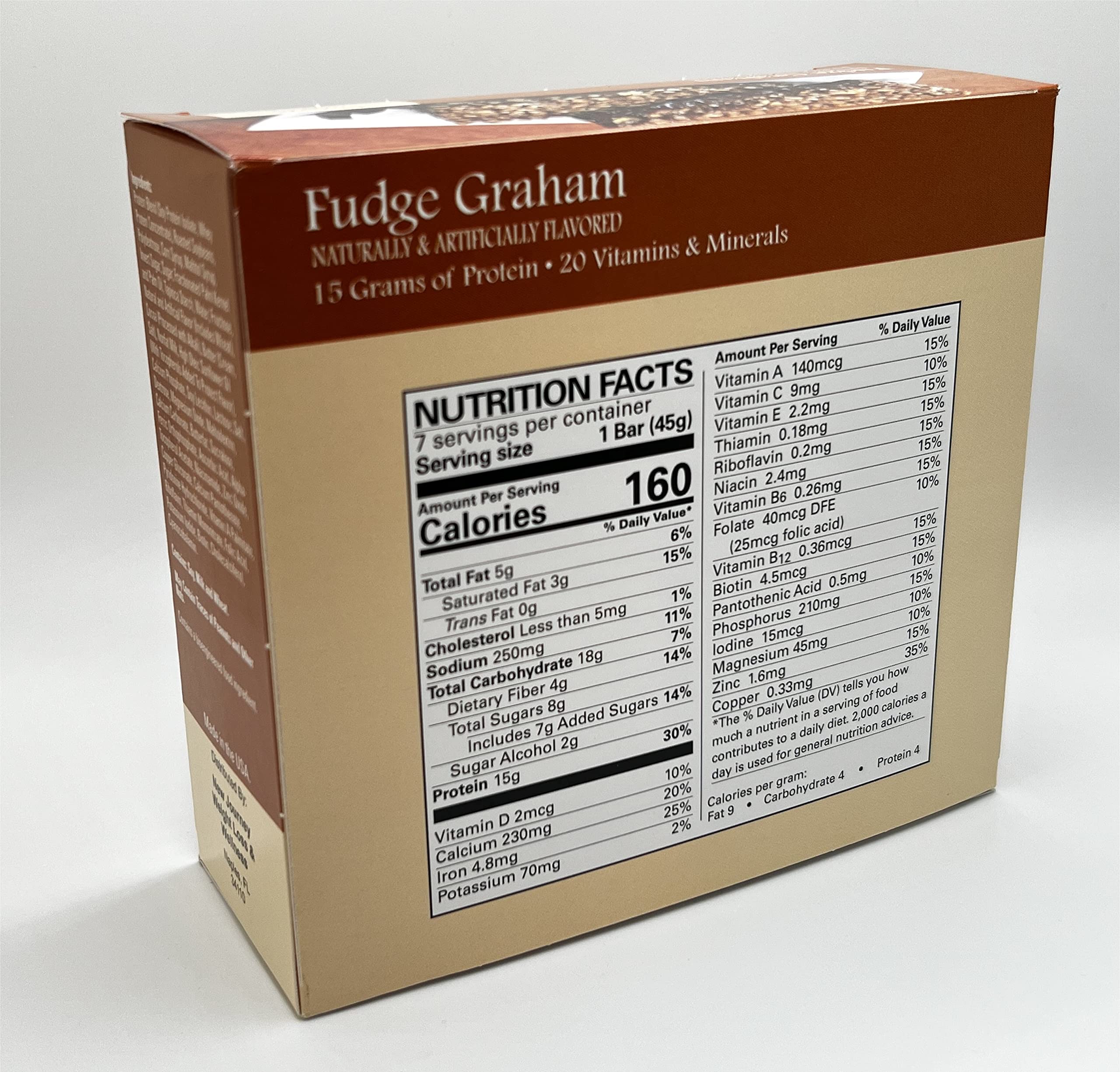 New Journey Fudge Graham Bar – étiquette nutritionnelle pour plan alimentaire équilibré.