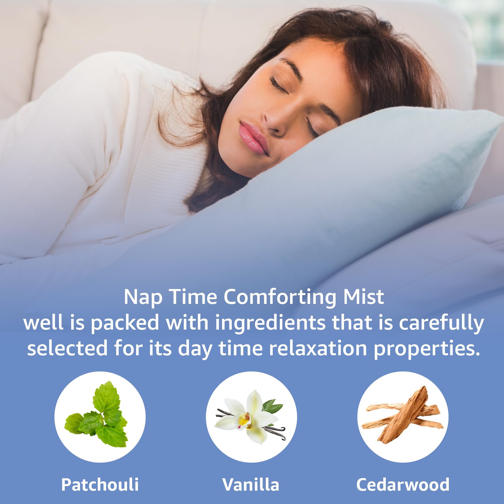 Application du spray New Miuz sur oreiller pour favoriser le calme avant le sommeil.