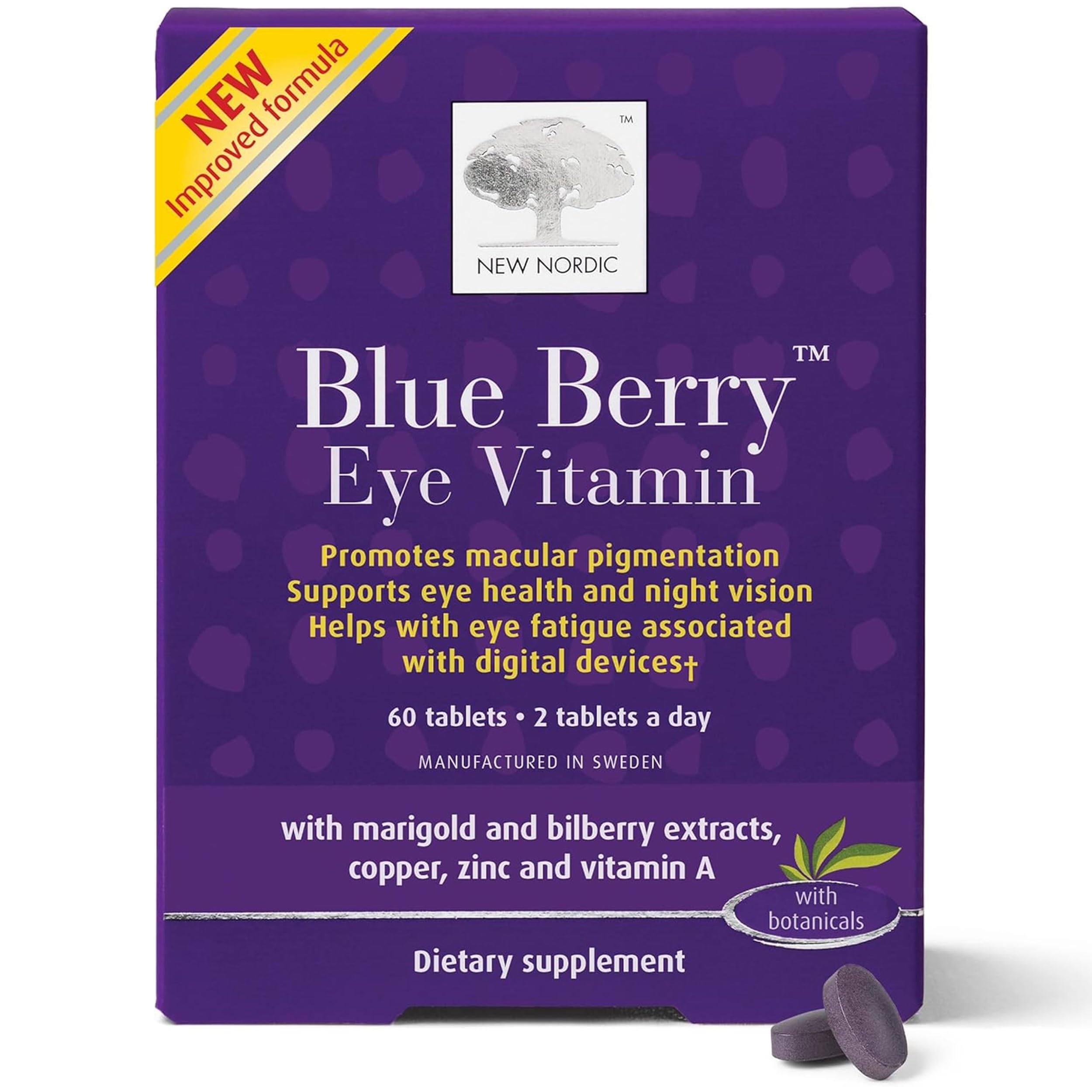 NEW NORDIC Blue Berry Eye, bouteille de gélules, soutien possible à la santé oculaire.