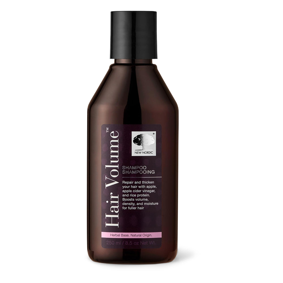 Shampooing Volume New Nordic – bouteille montrant la formule légère pour des cheveux plus épais.