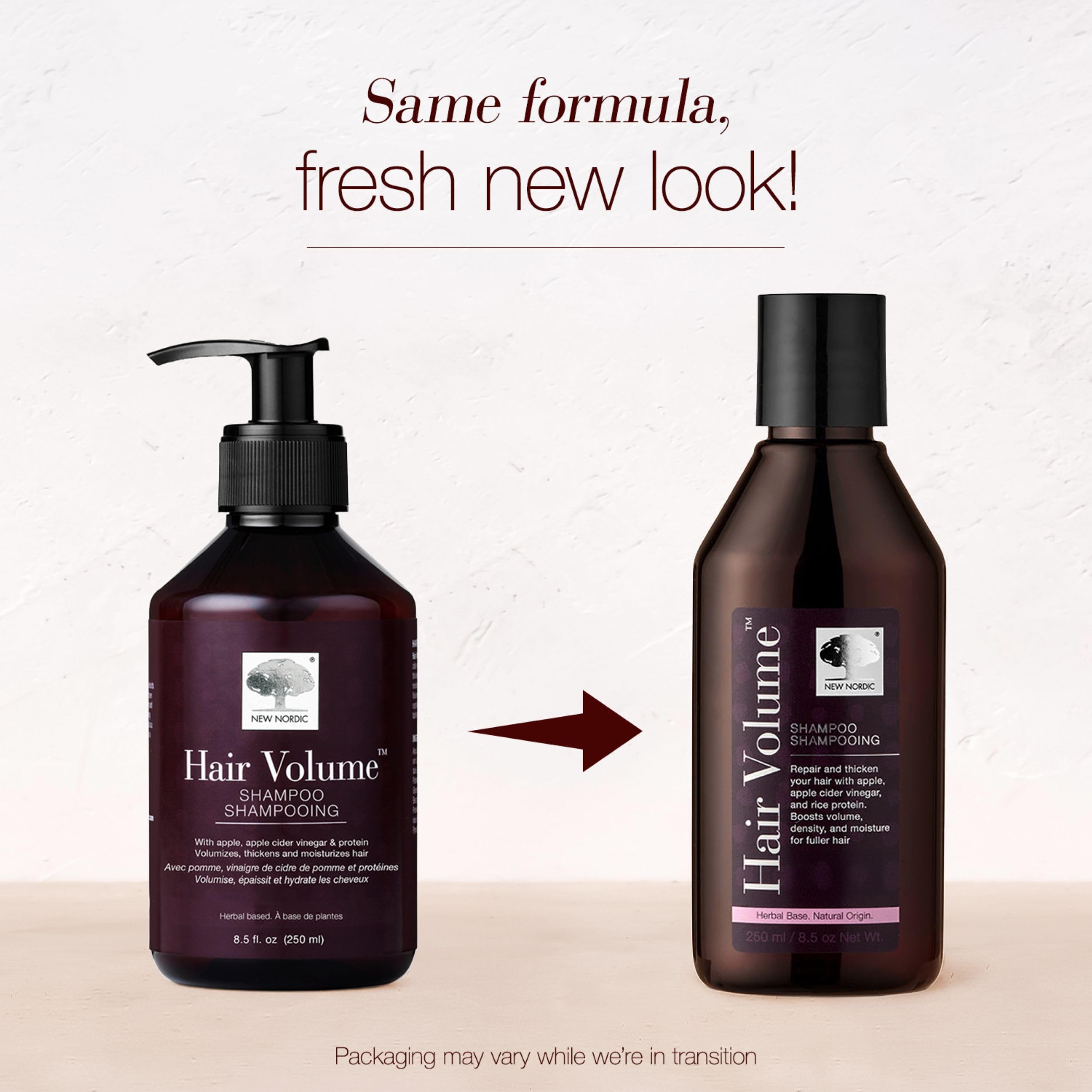 Emballage recyclable du shampooing Volume New Nordic reflétant l’engagement durable.