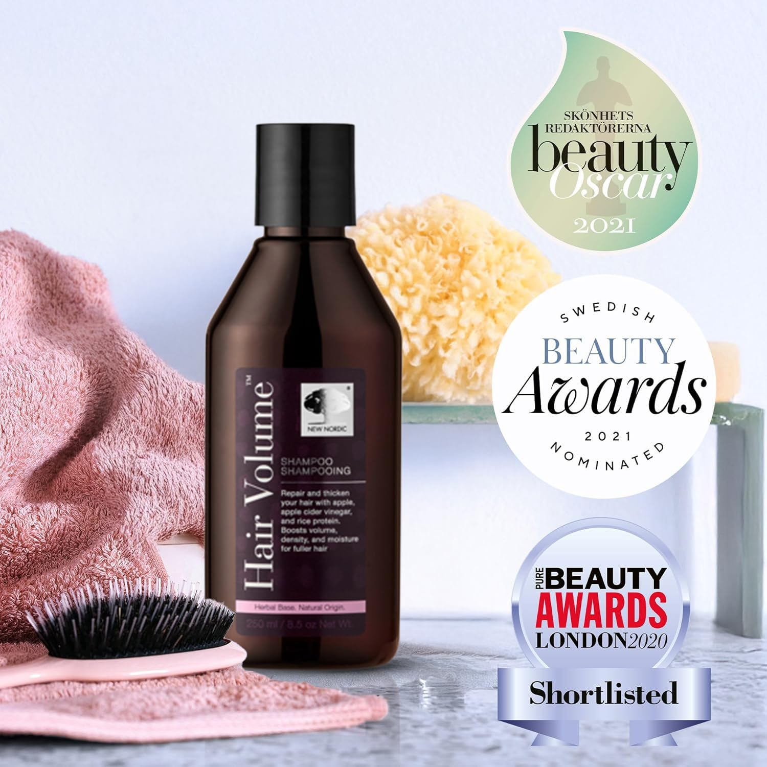 Ingrédients herbacés du shampooing New Nordic Volume pour cheveux revitalisés.