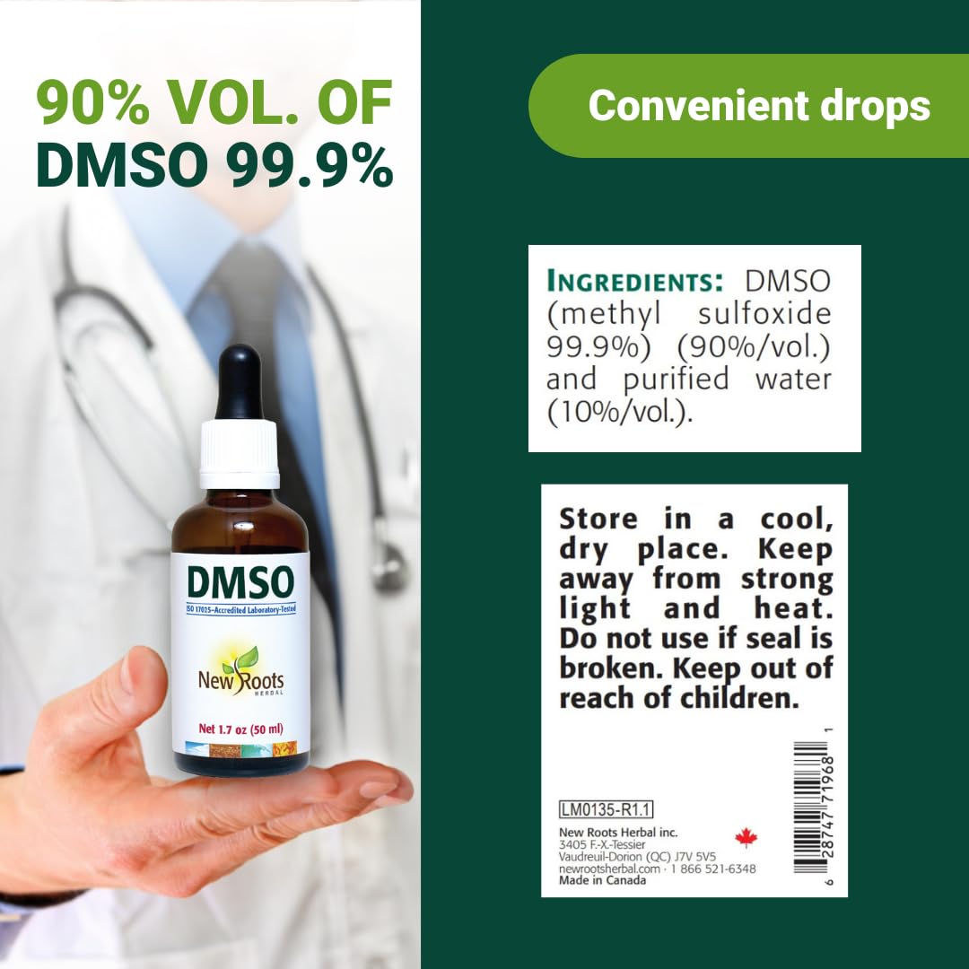 New Roots Herbal DMSO avec dosage précis grâce au compte-gouttes.