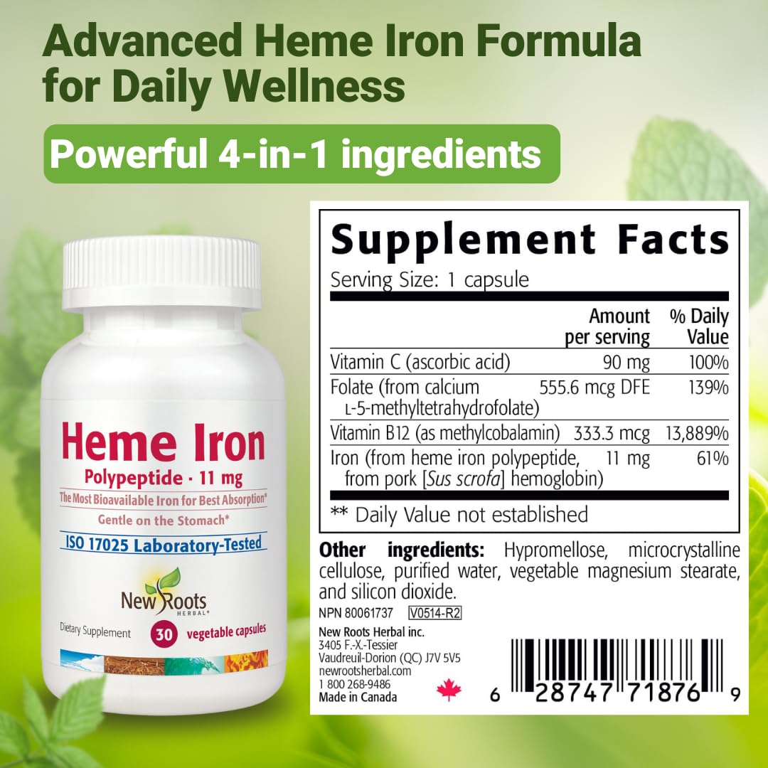 NEW ROOTS HERBAL – étiquette détaillée informant ingrédients et bénéfices potentiels.