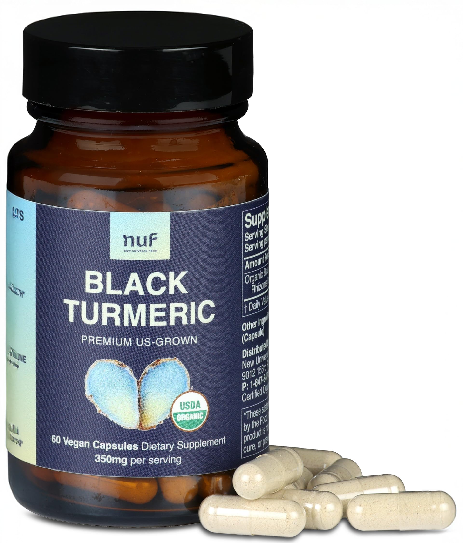 NUF Curcuma Noir 350 mg – bouteille de capsules, racine entière pour routine bien-être.