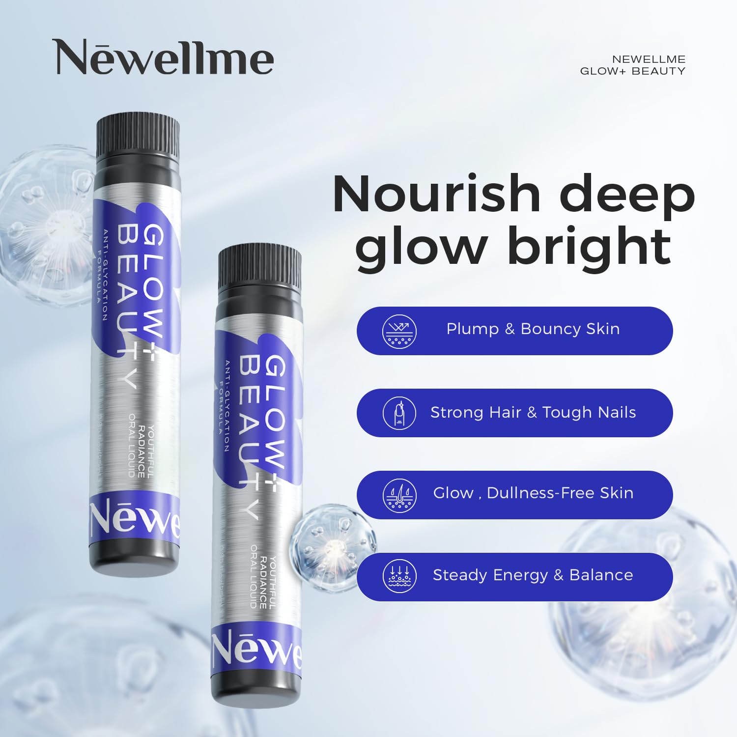 NEWELLME Glow+Beauty cheveux et ongles plus forts grâce aux nutriments essentiels