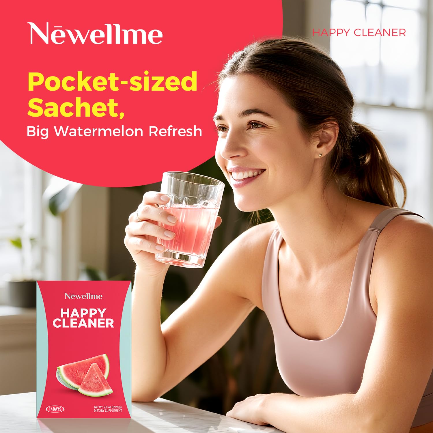 Détail du sachet NEWELLME Happy Cleaner, portion unique pour usage rapide