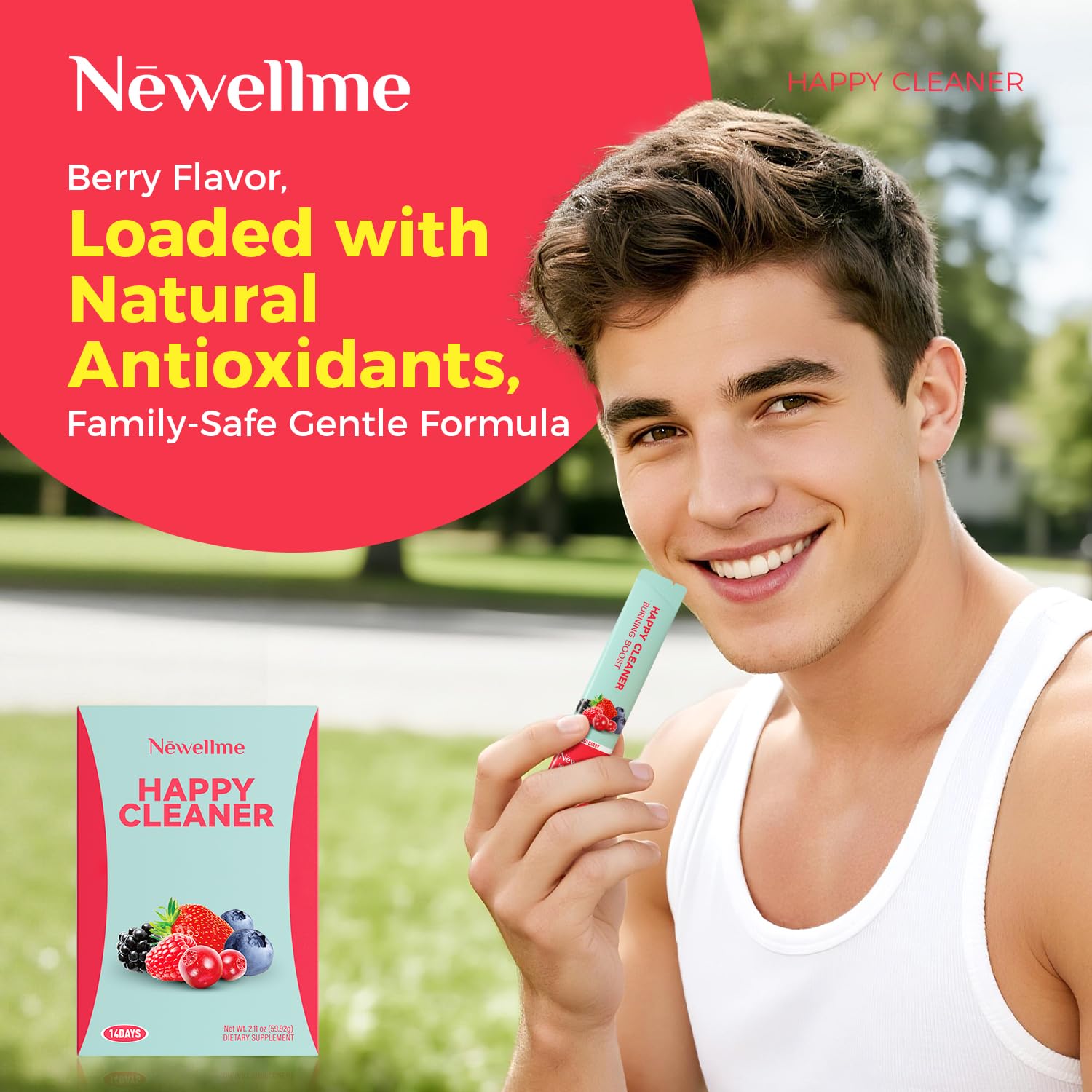 Gobelet avec NEWELLME Happy Cleaner poudre, mélange homogène et fluide
