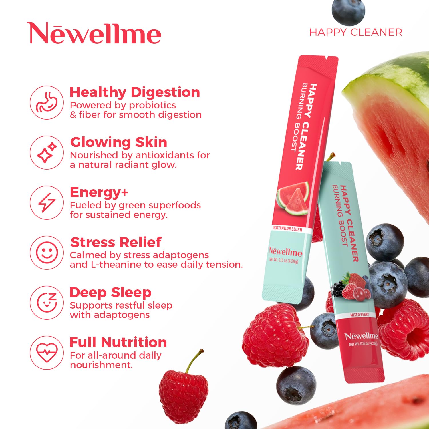 Sachets NEWELLME Happy Cleaner ouverts montrant le format à emporter