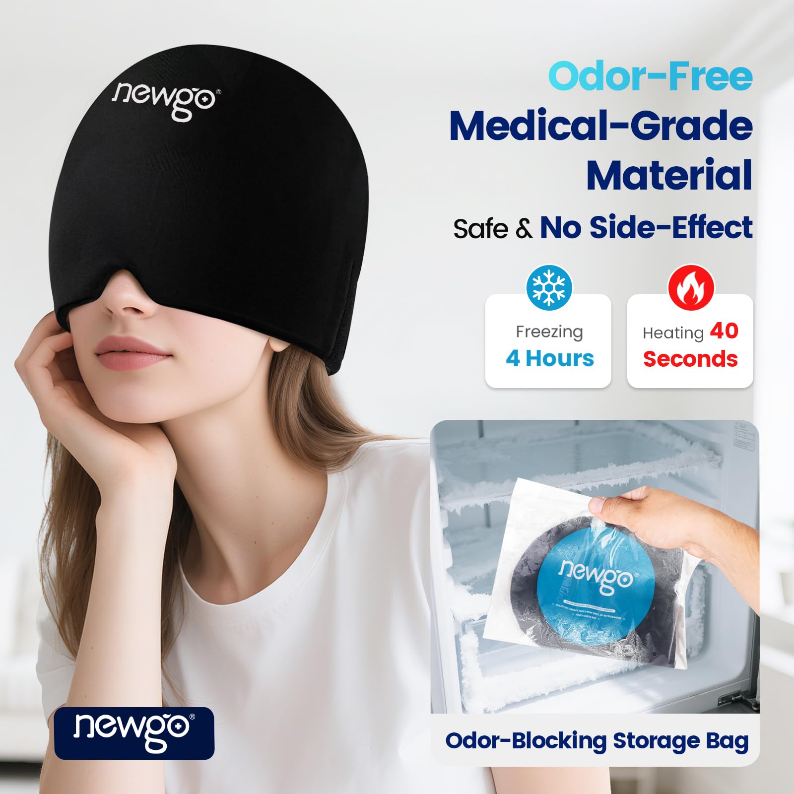Cap NEWGO anti-migraine, utilisation chaude et froide pour le confort.