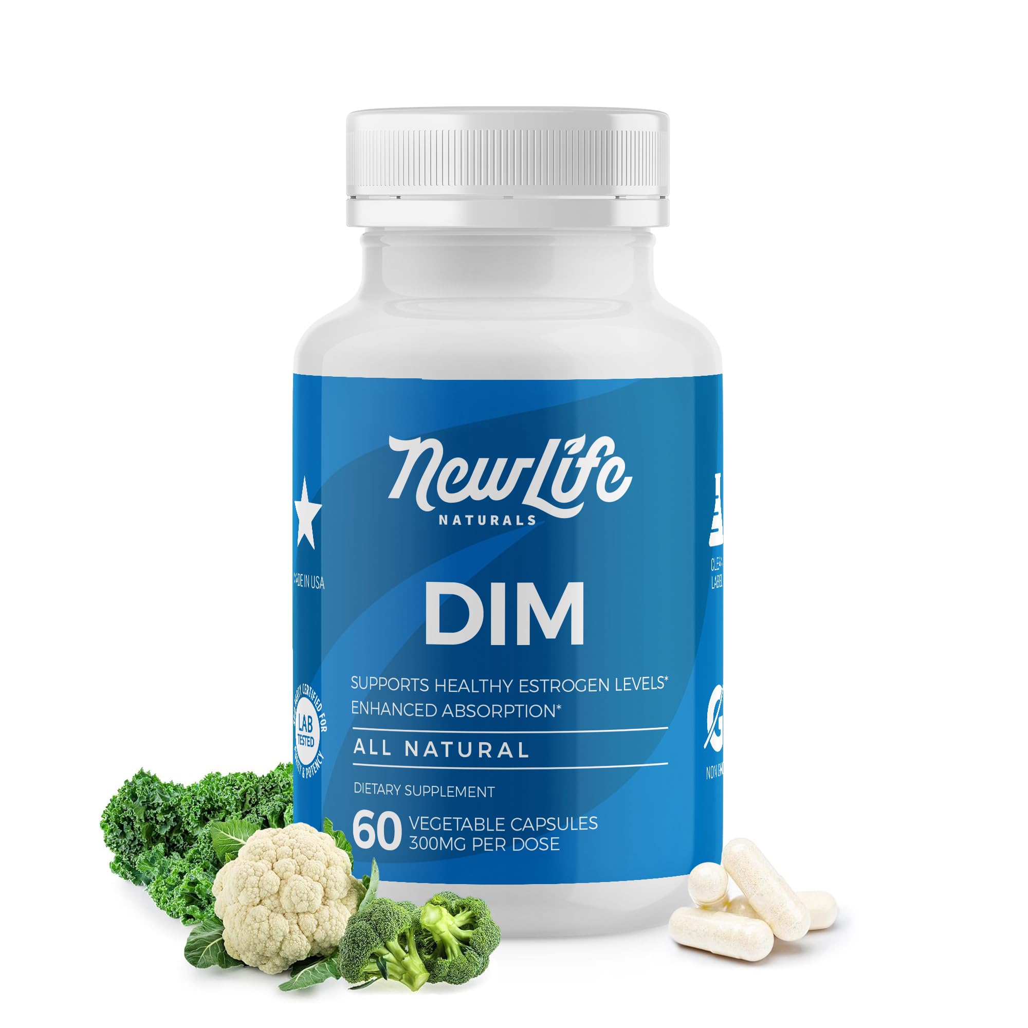 DIM NewLife Naturals: bouteille 300 mg pour un soutien potentiel de l'équilibre hormonal.