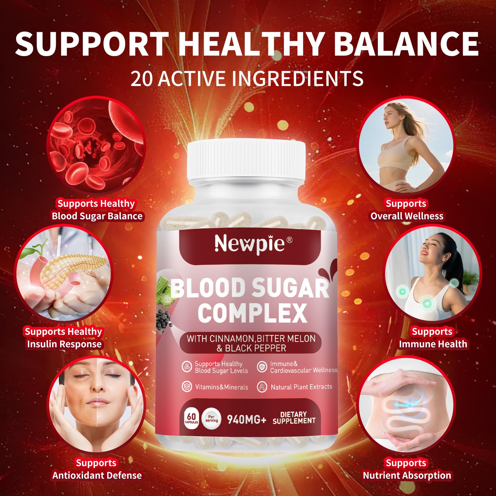Newpie Blood Sugar Complex – Cannelle et autres actifs visibles dans la formulation.