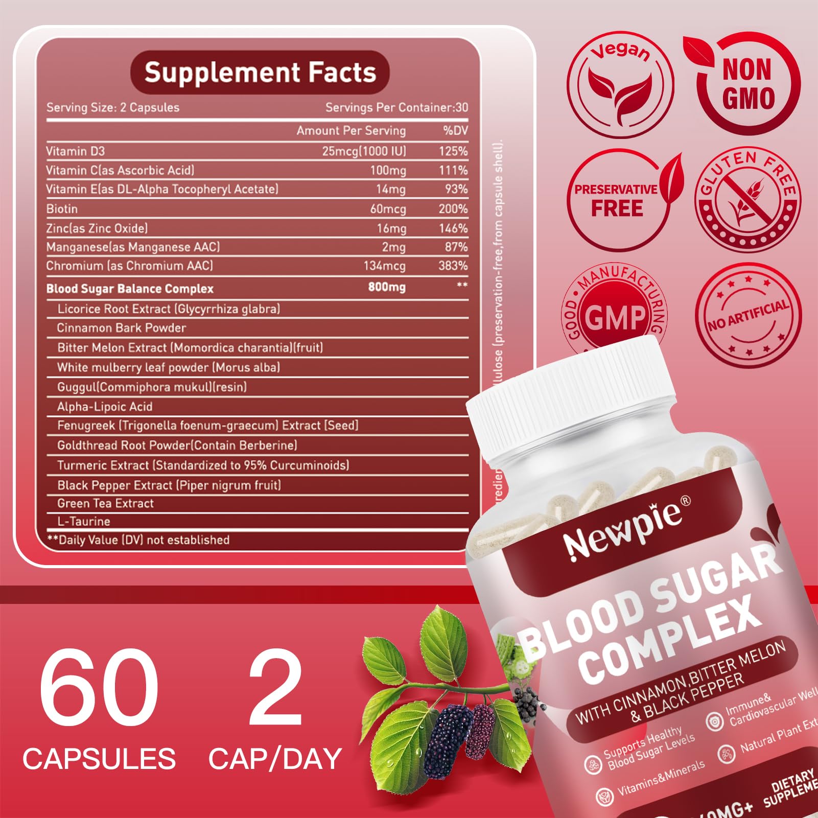 Newpie Blood Sugar Complex – Tablettes pratiques pour un régime quotidien, 30 jours.