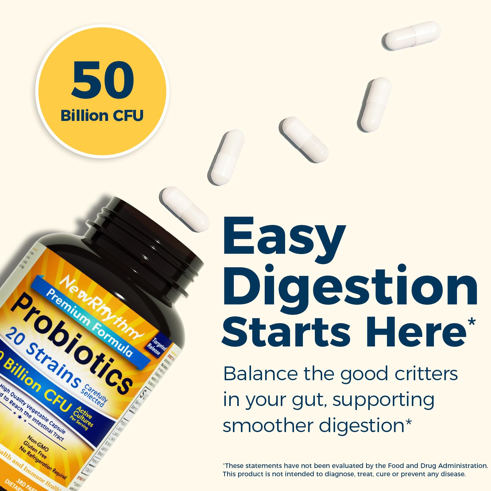 NewRhythm Probiotics - capsules vertes faciles à avaler pour une flore intestinale équilibrée