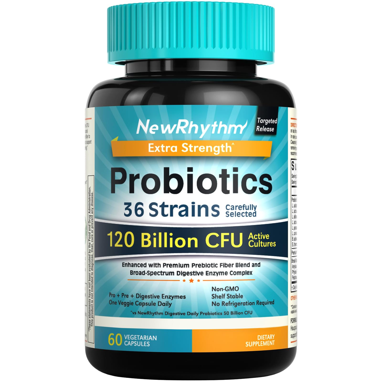 NewRhythm Probiotiques, flacon 120 milliards CFU, soutien potentiel à la digestion