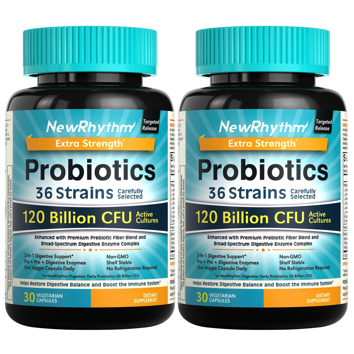 NewRhythm Probiotiques – bouteille affichant 120 milliards UFC pour un soutien digestif potentiel.