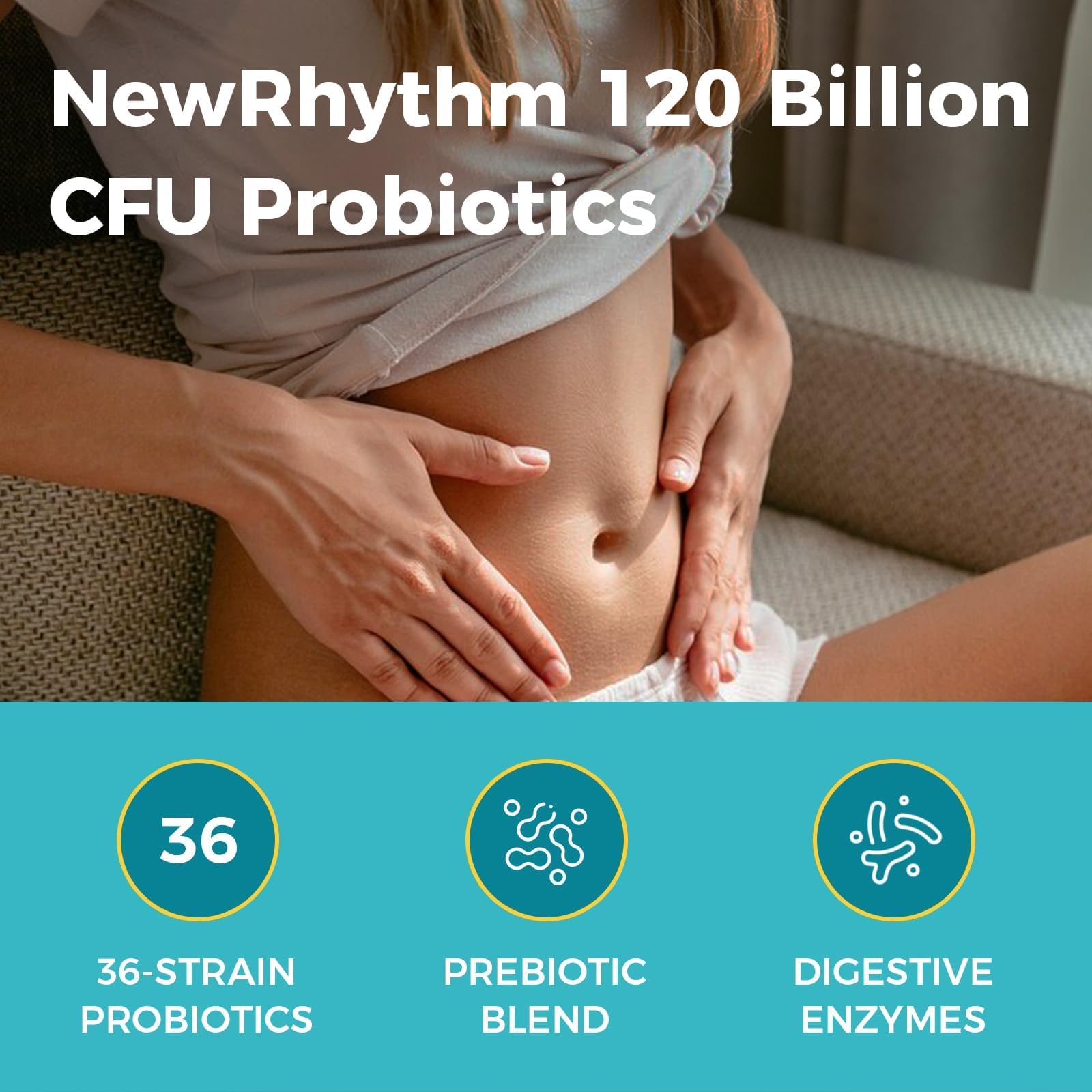 NewRhythm Probiotiques: enzymes digestives visibles sur l'étiquette.