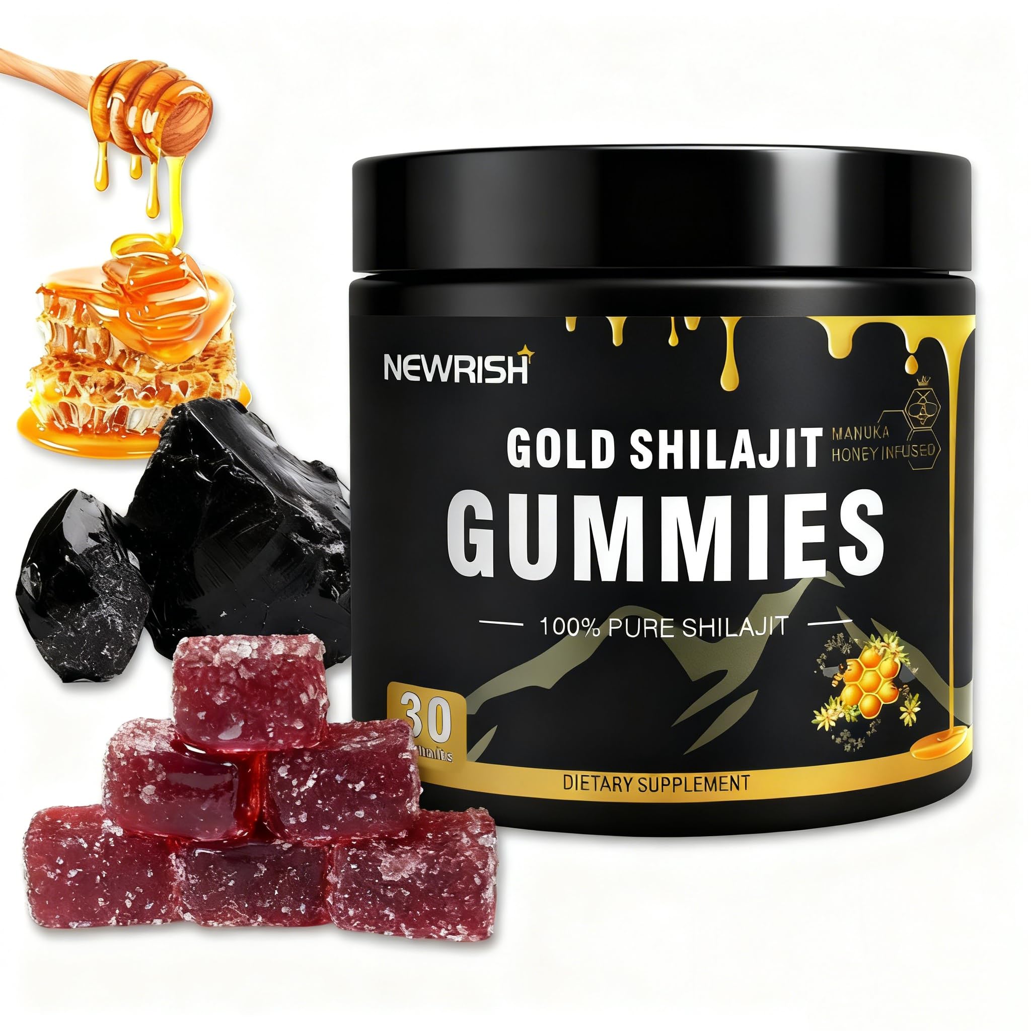 Gommes Newrish Shilajit au miel Manuka, portions individuelles pratiques pour déplacement.