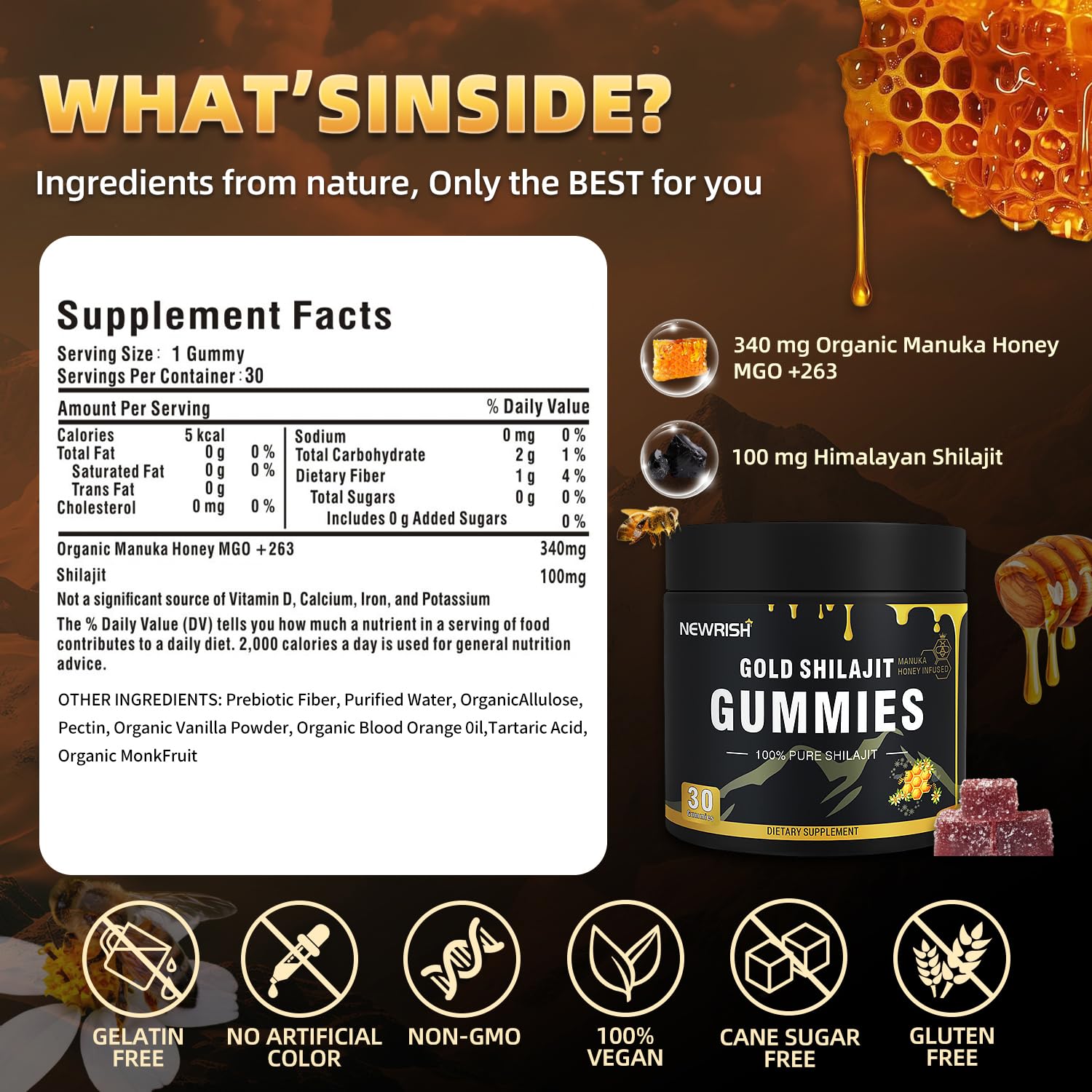 Gomme Newrish Shilajit sans sucre ajouté, douceur naturelle.